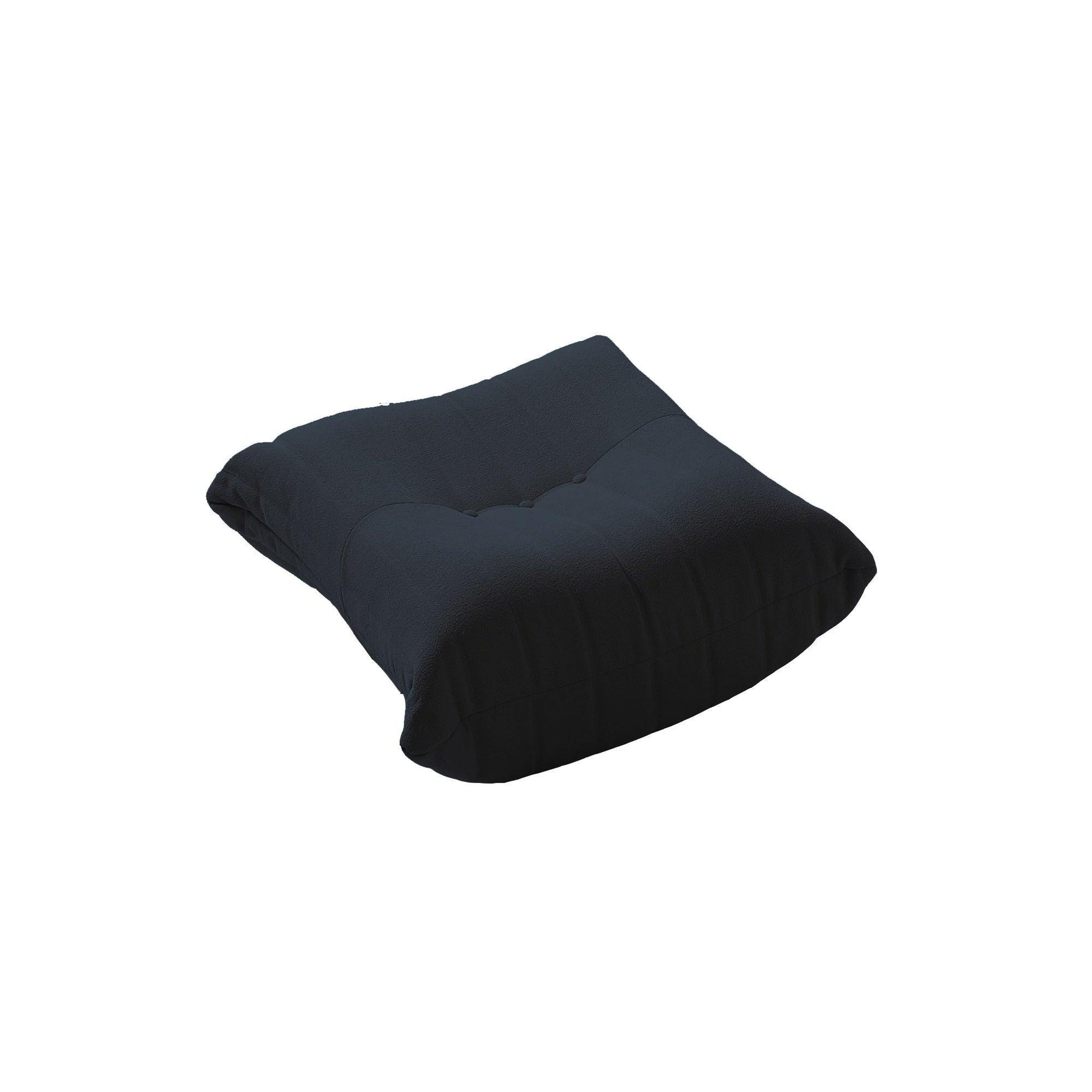 A distinctive caterpillar-shaped black upholstered ottoman with a soft, plush appearance.