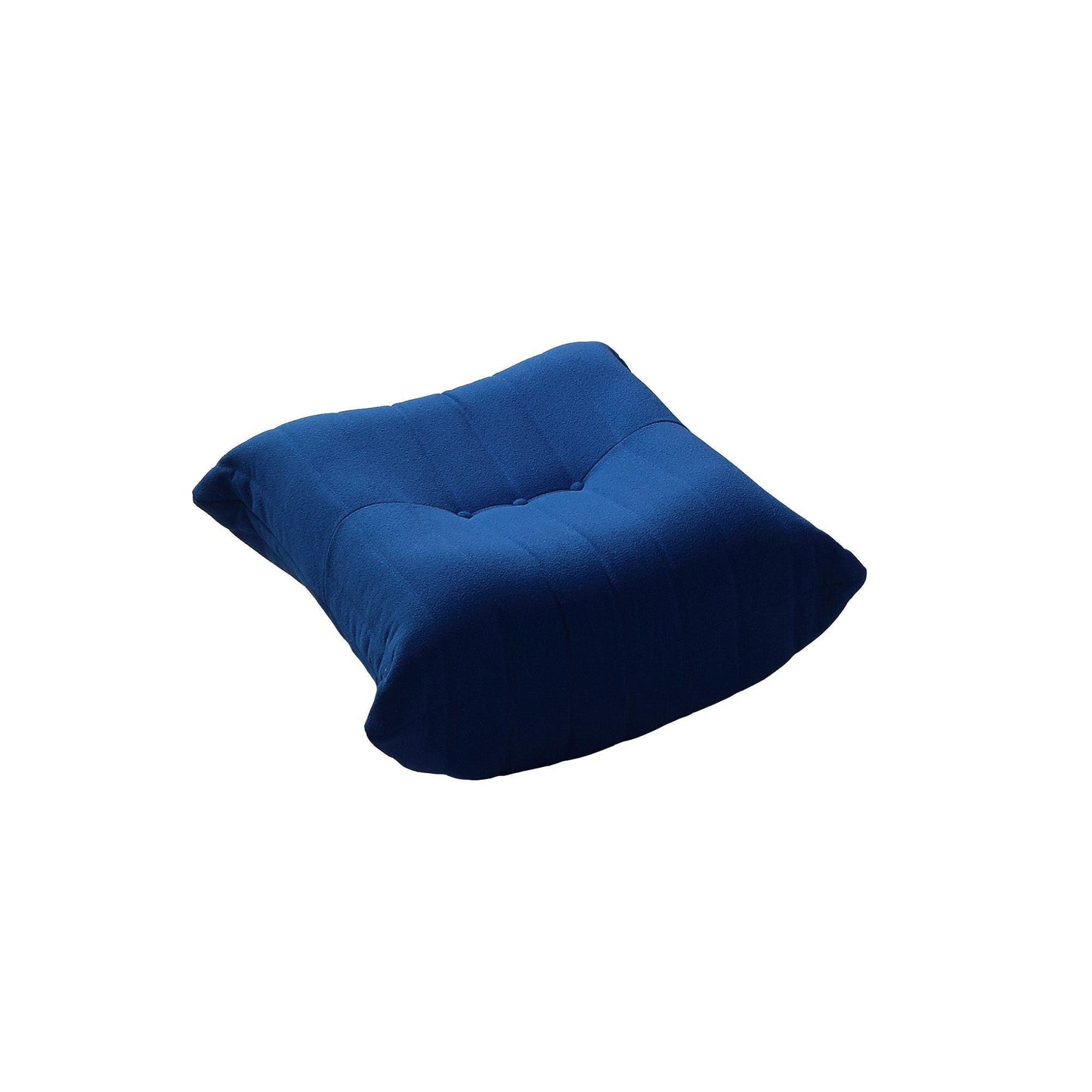 A distinctive caterpillar-shaped blue upholstered ottoman with a soft, plush appearance.