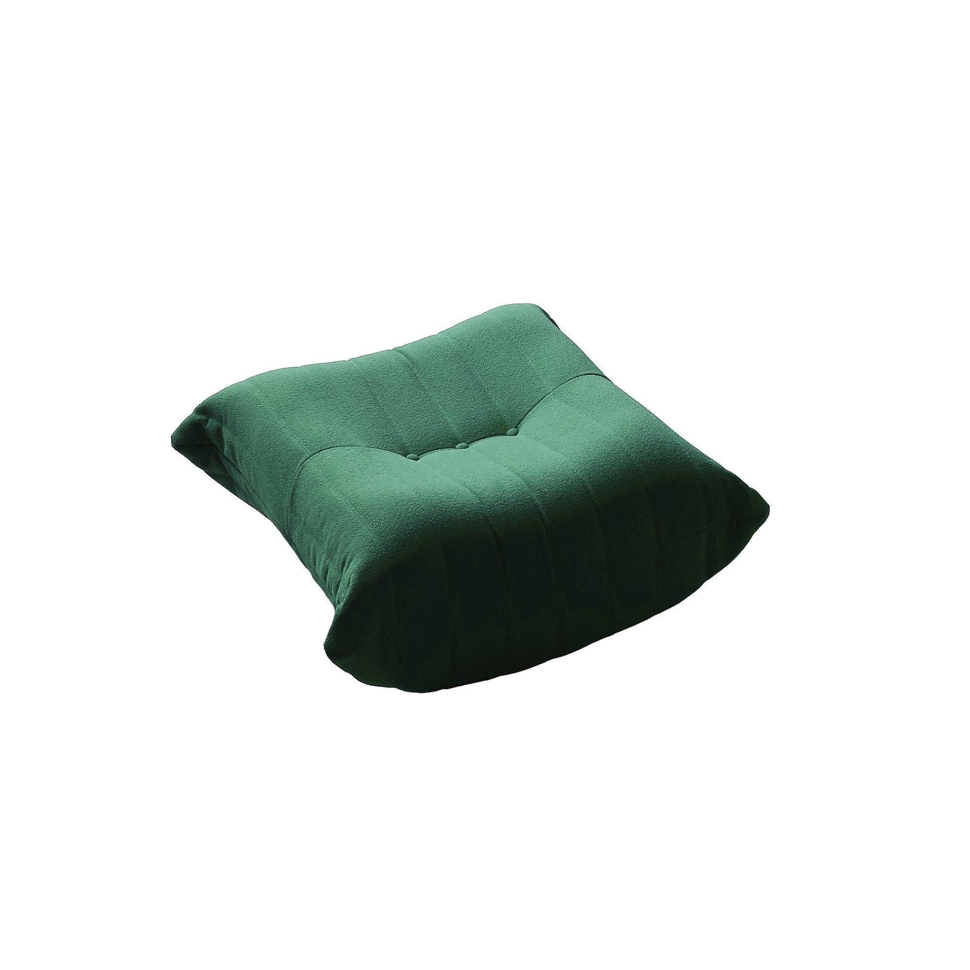 A distinctive caterpillar-shaped green upholstered ottoman with a soft, plush appearance.