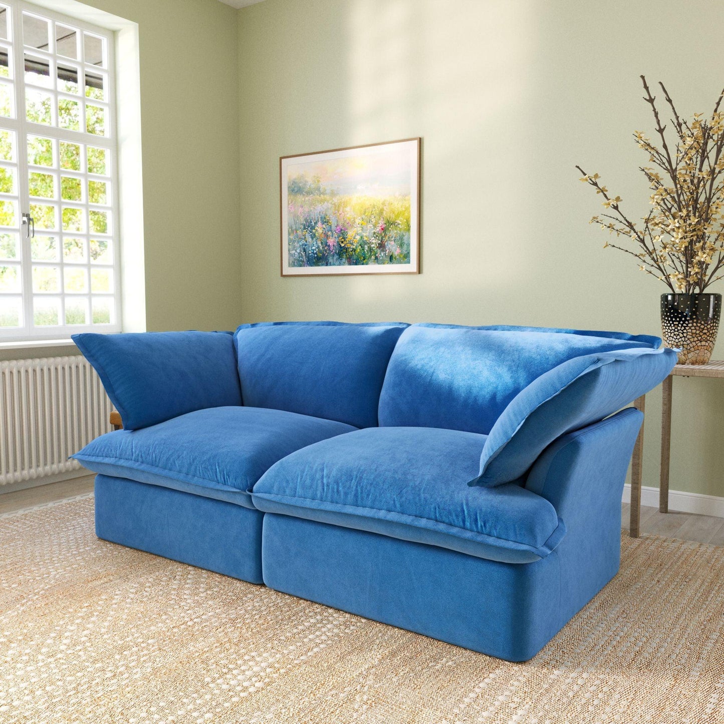 Modular sectional velvet loveseat sofa in blue, side