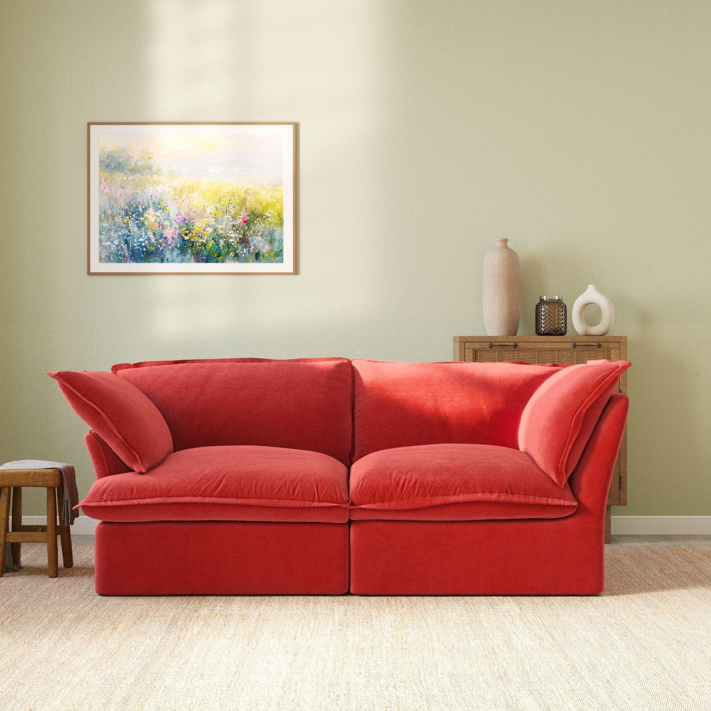 Modular velvet loveseat sofa with curved armrests in red, front