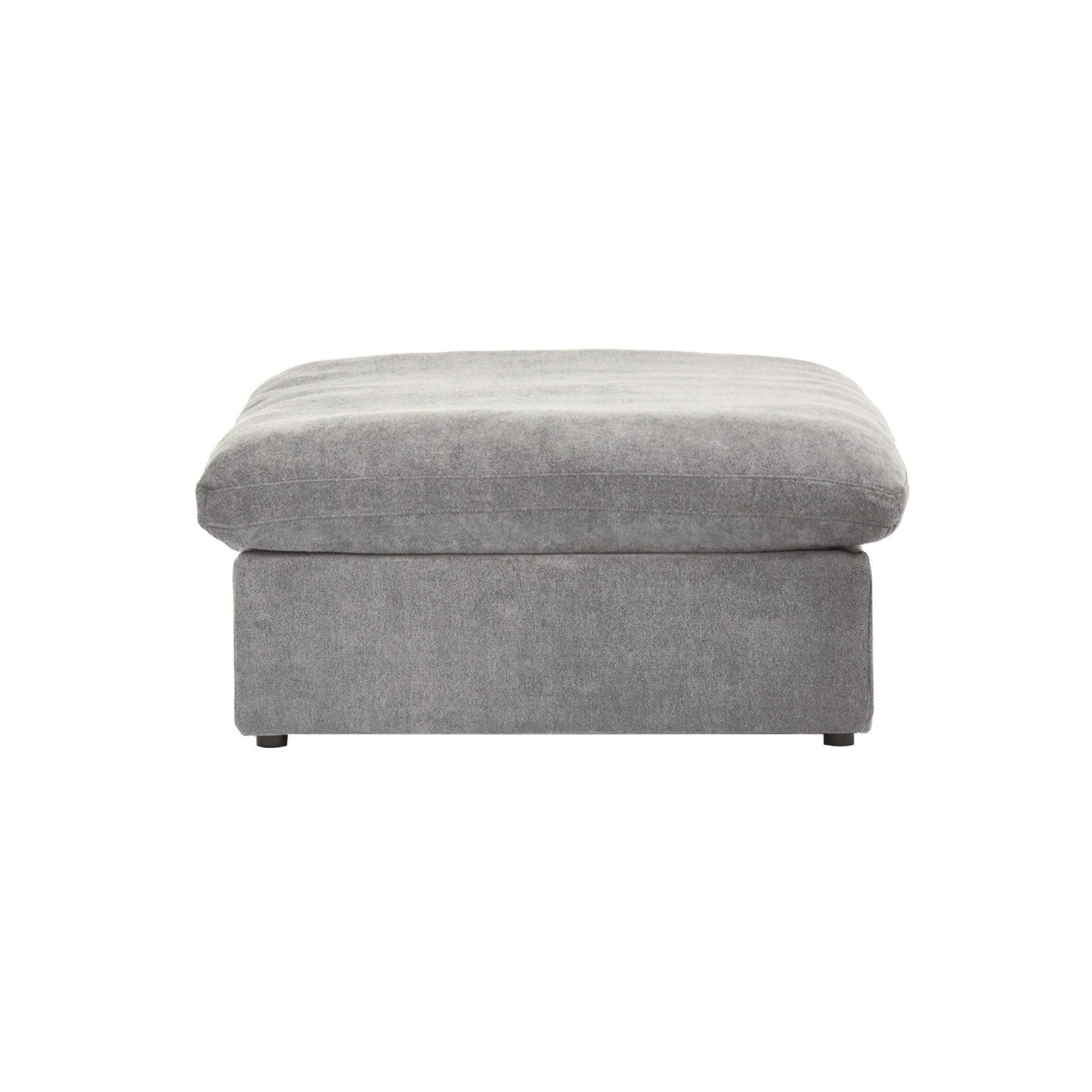 A gray linen upholstered ottoman with a cushioned top.