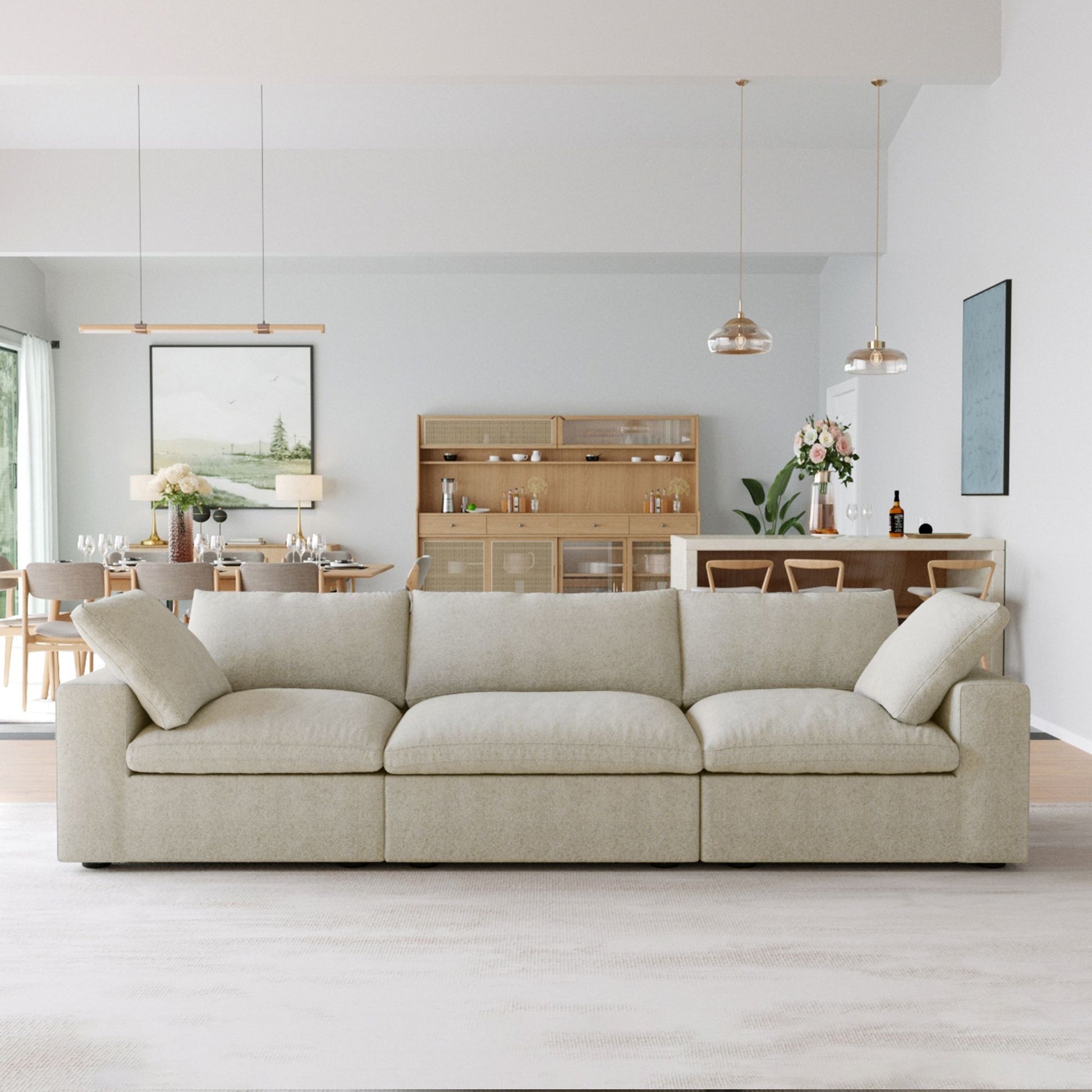 Khaki 3-seater sofa in a modern living room with a neutral color palette