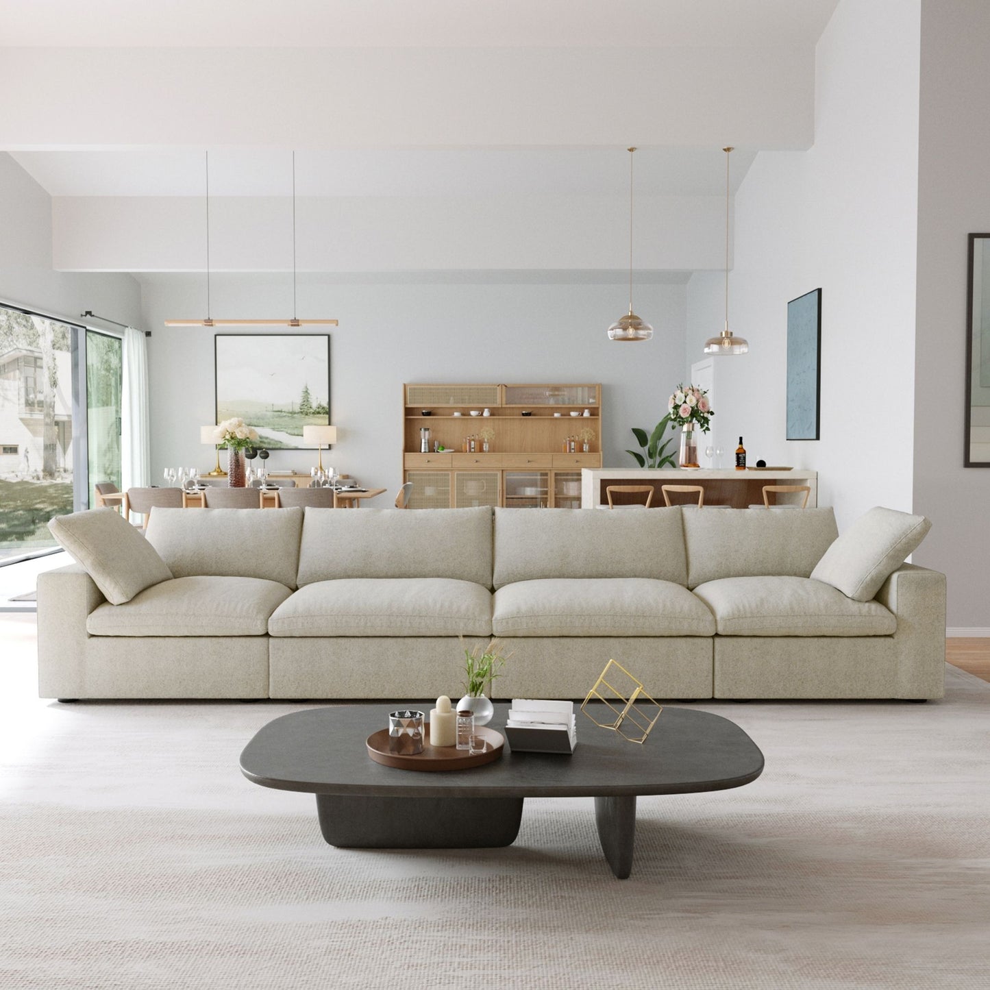 Modern living room with a khaki 4-seat sectional sofa and a coffee table.