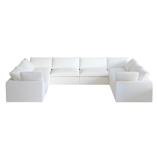 White modular 8-seat pit-style sofa on a white background