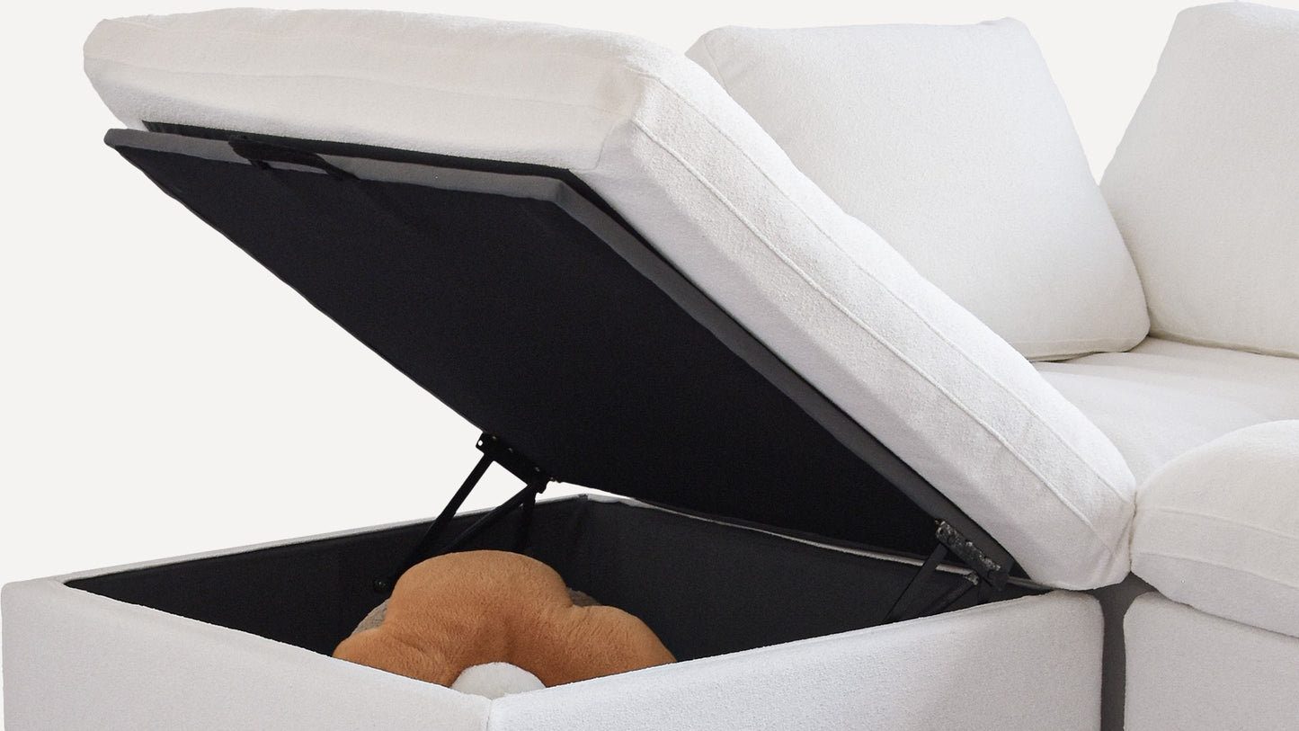 Opened ottoman with storage of a white sofa