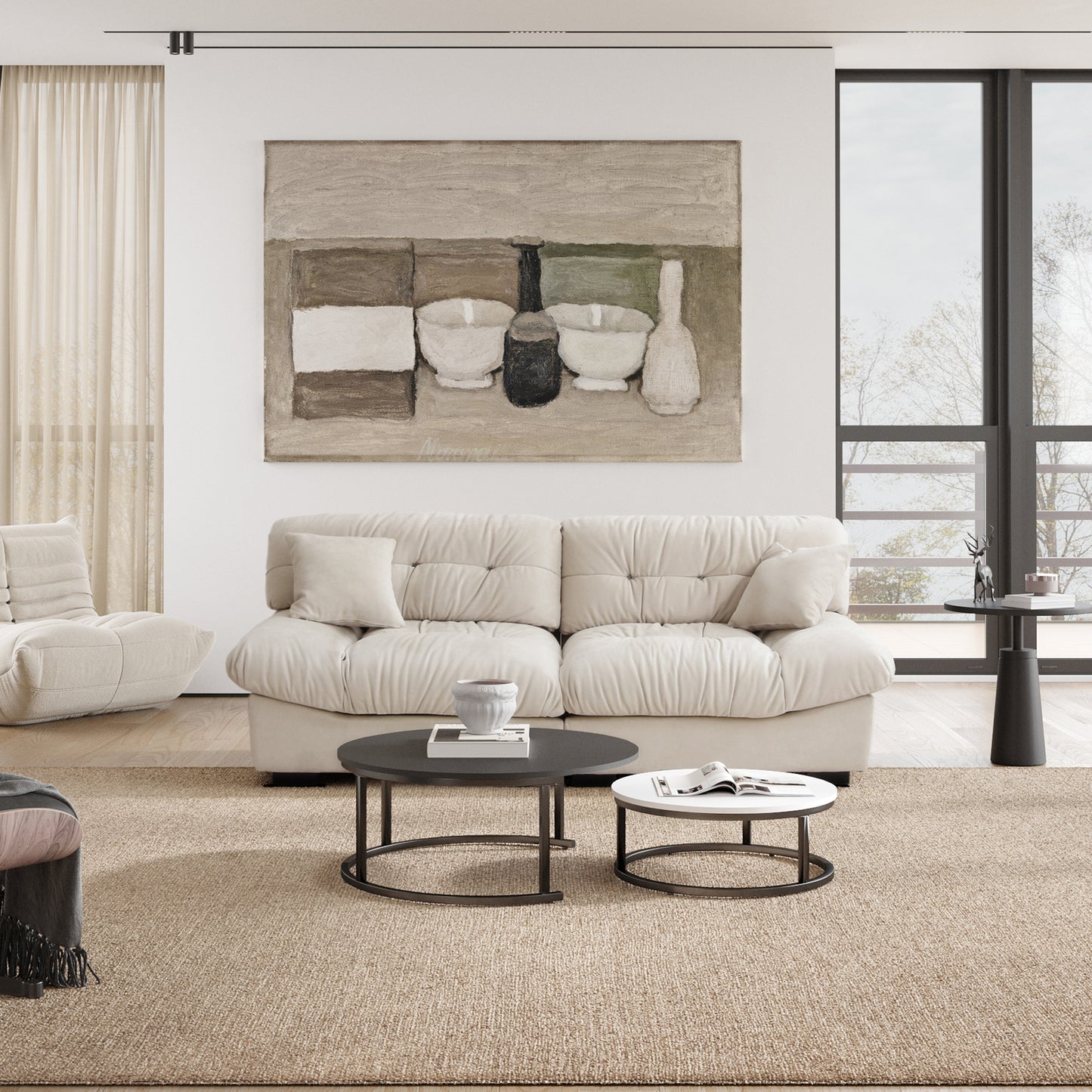 An 89-inch beige microfiber suede sofa with a solid hardwood frame, presented in a cold lightning in a living room setting with minimalistic decor, including an art print on the wall.