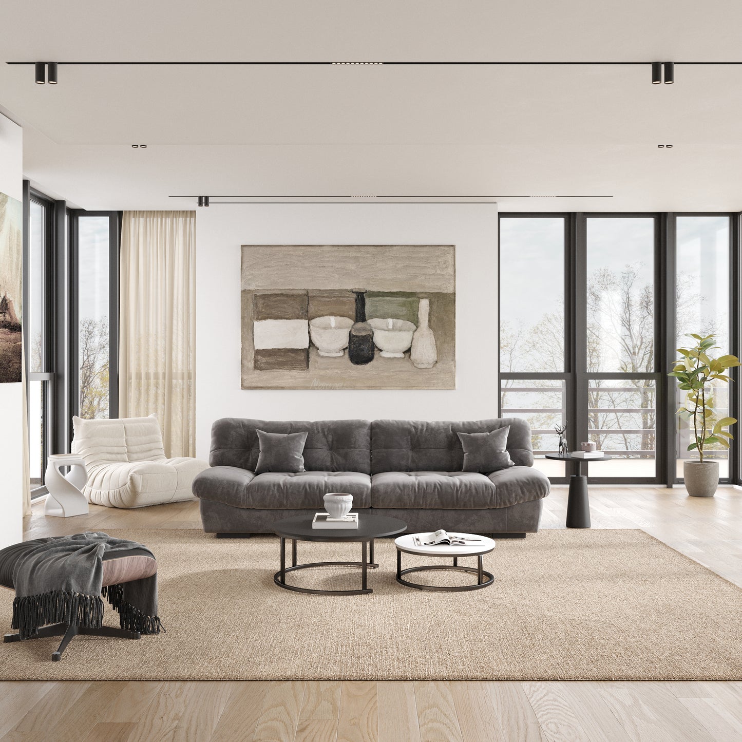 A gray microfiber suede sofa in a cold lightning with splitable seats placed in a room with minimalistic decor