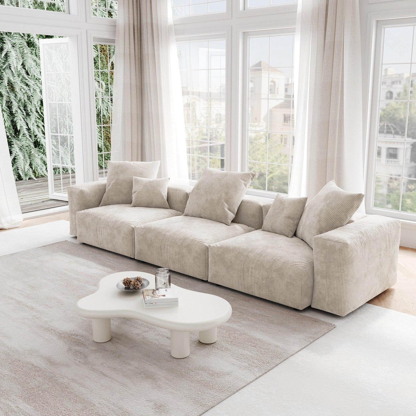 A beige corduroy sectional 3-seat sofa with detachable armrests and removable covers, pet-friendly, displayed in a bright living space.