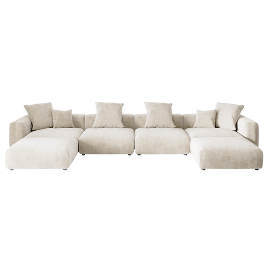 Beige sectional U-shaped sofa with multiple cushions on a white background