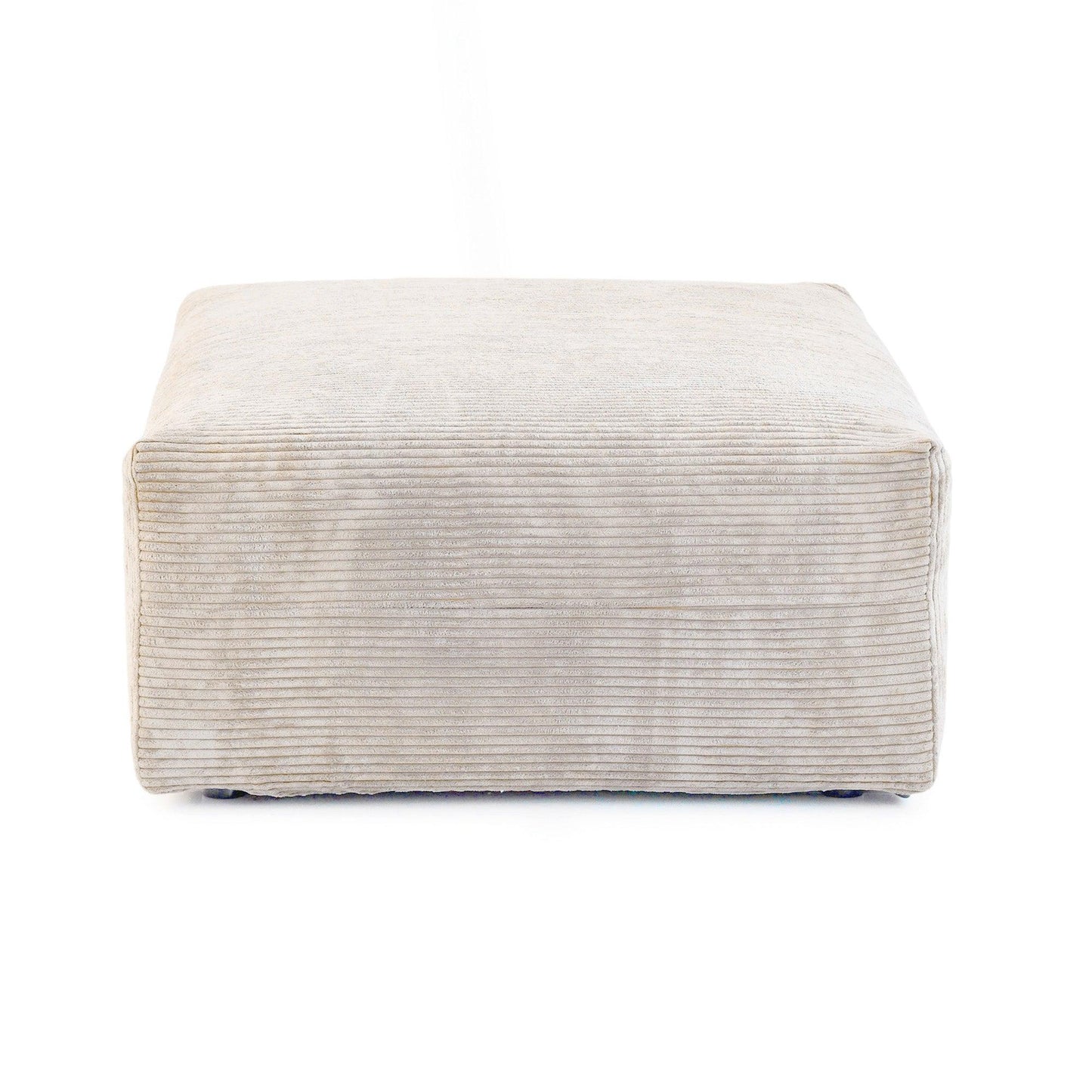 A beige corduroy modular ottoman with removable covers, presented in a minimalist style against a white background.