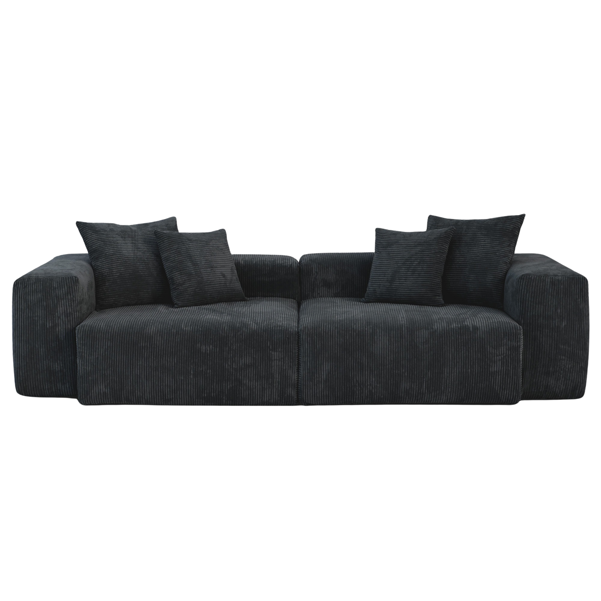 Black loveseat sectional sofa with cushions on a white background