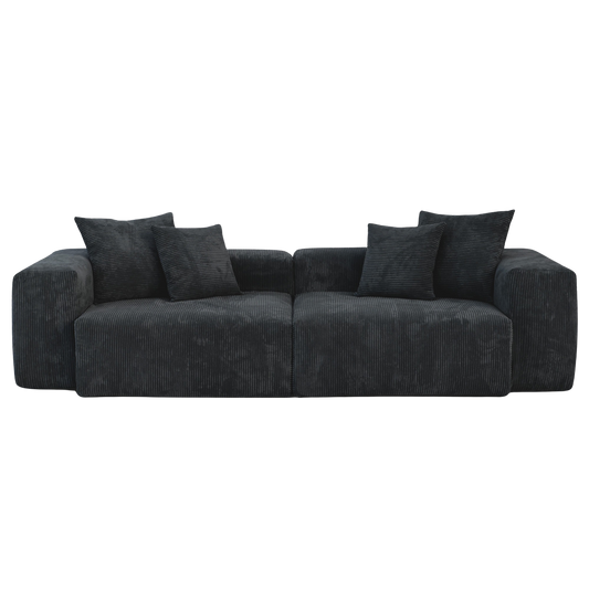 Black loveseat sectional sofa with cushions on a white background
