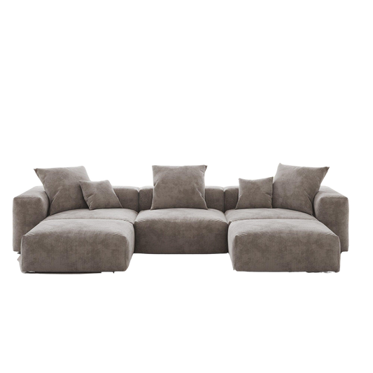 Brown U-shaped sectional sofa with multiple cushions on a white background