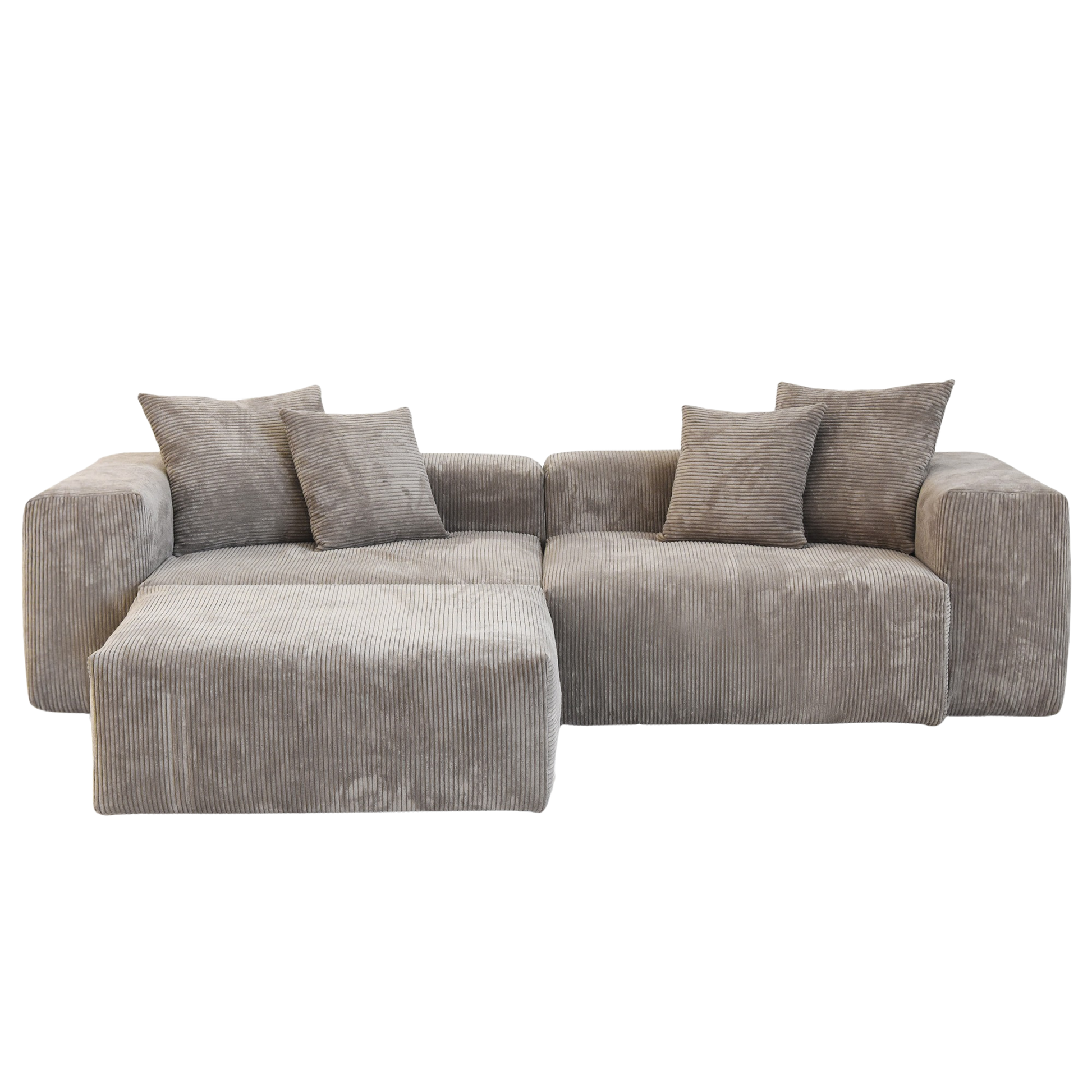 Brown sectional loveseat sofa with ottoman and cushions on a white background
