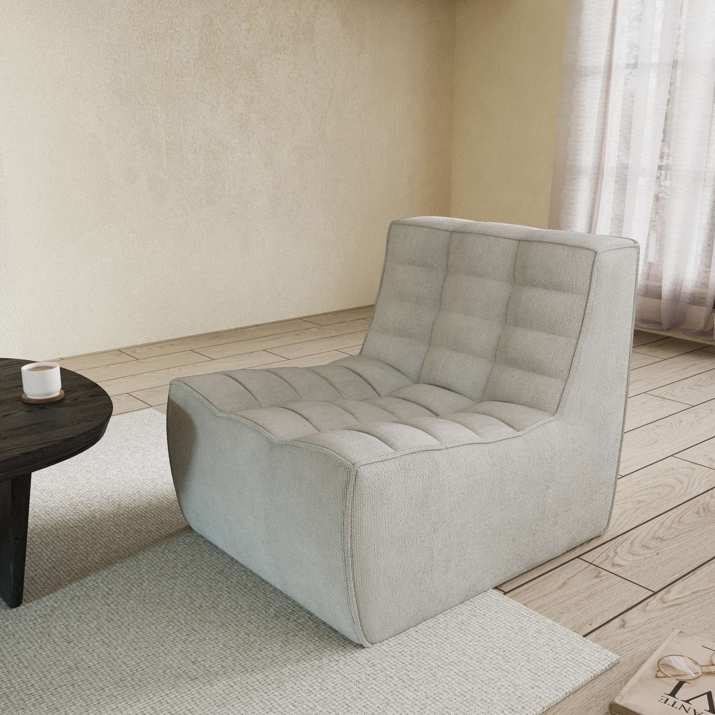 A light gray chenille accent chair with a minimalist design