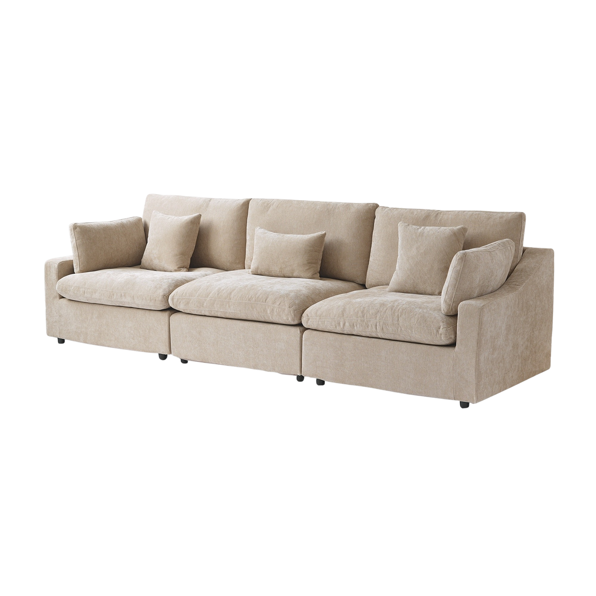 Beige sofa with cushions on a white background