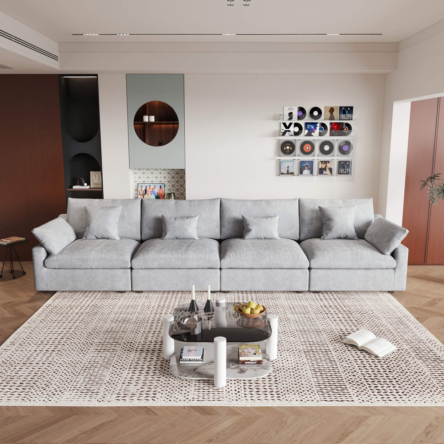 A light gray washable cloud 4-seat sectional sofa with removable cushions and pillow covers, arranged in a living room setting.