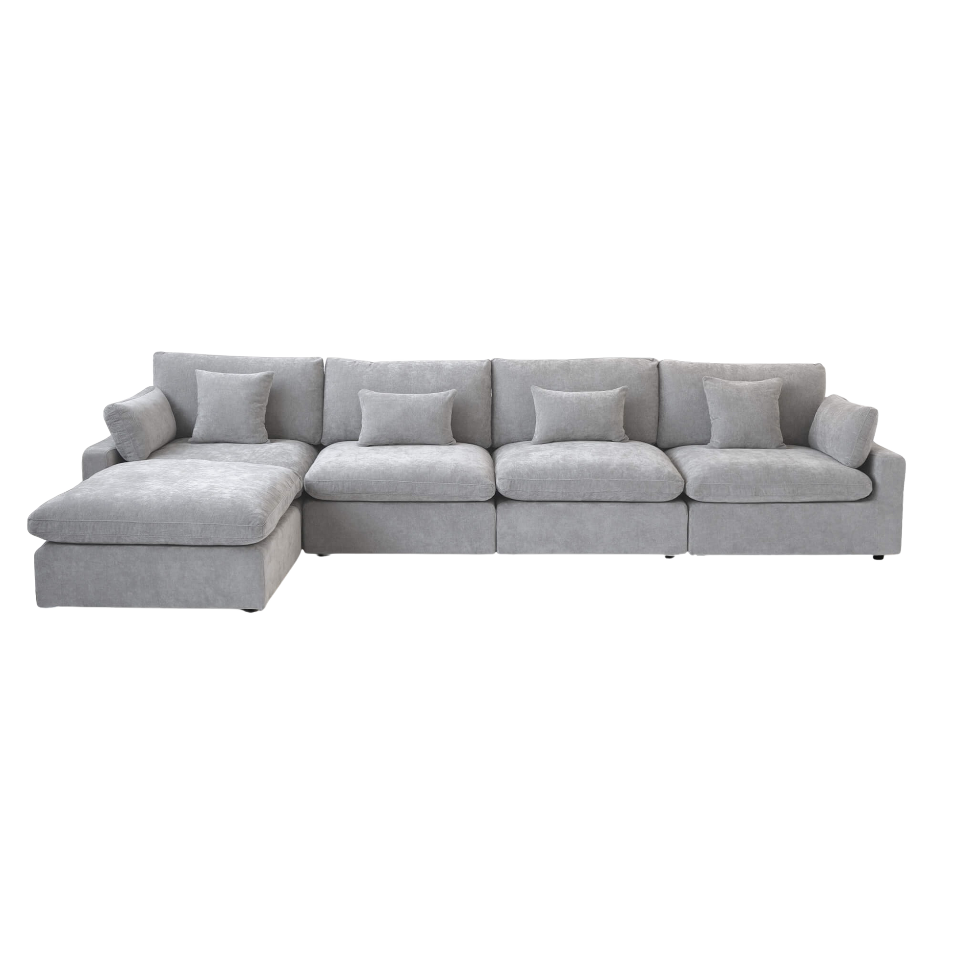Light gray sectional 4-seat sofa with ottoman on a white background
