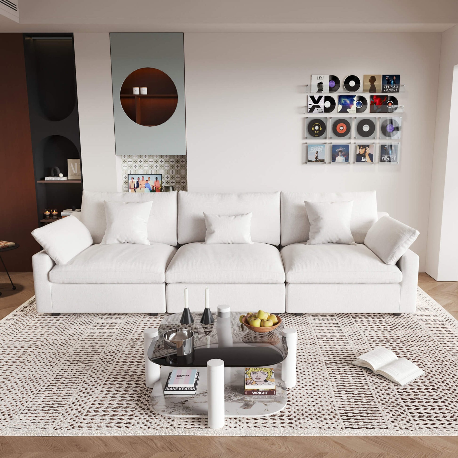 A modern white 3-seater sectional sofa with washable cushions and pillow covers, placed in a room with a minimalist design.