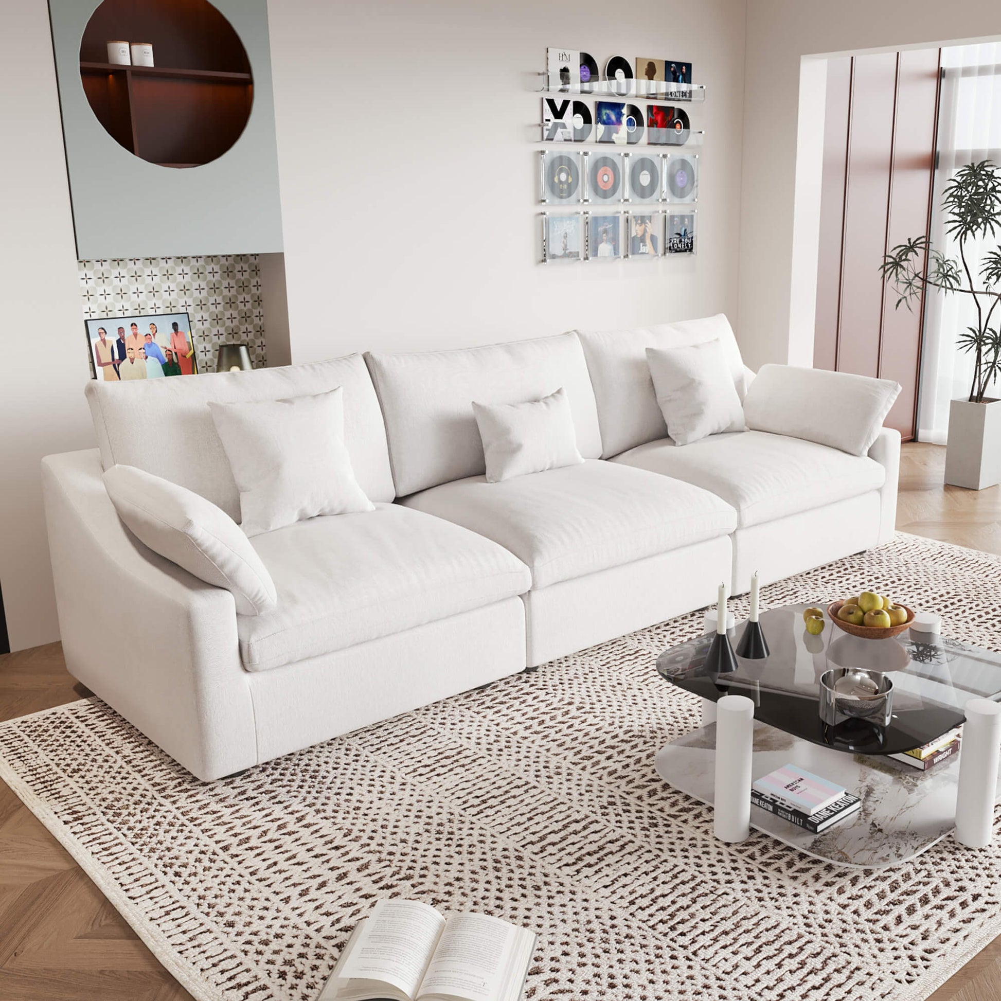 A modern white 3-seater sectional sofa with washable cushions and pillow covers, placed in a room with a minimalist design.