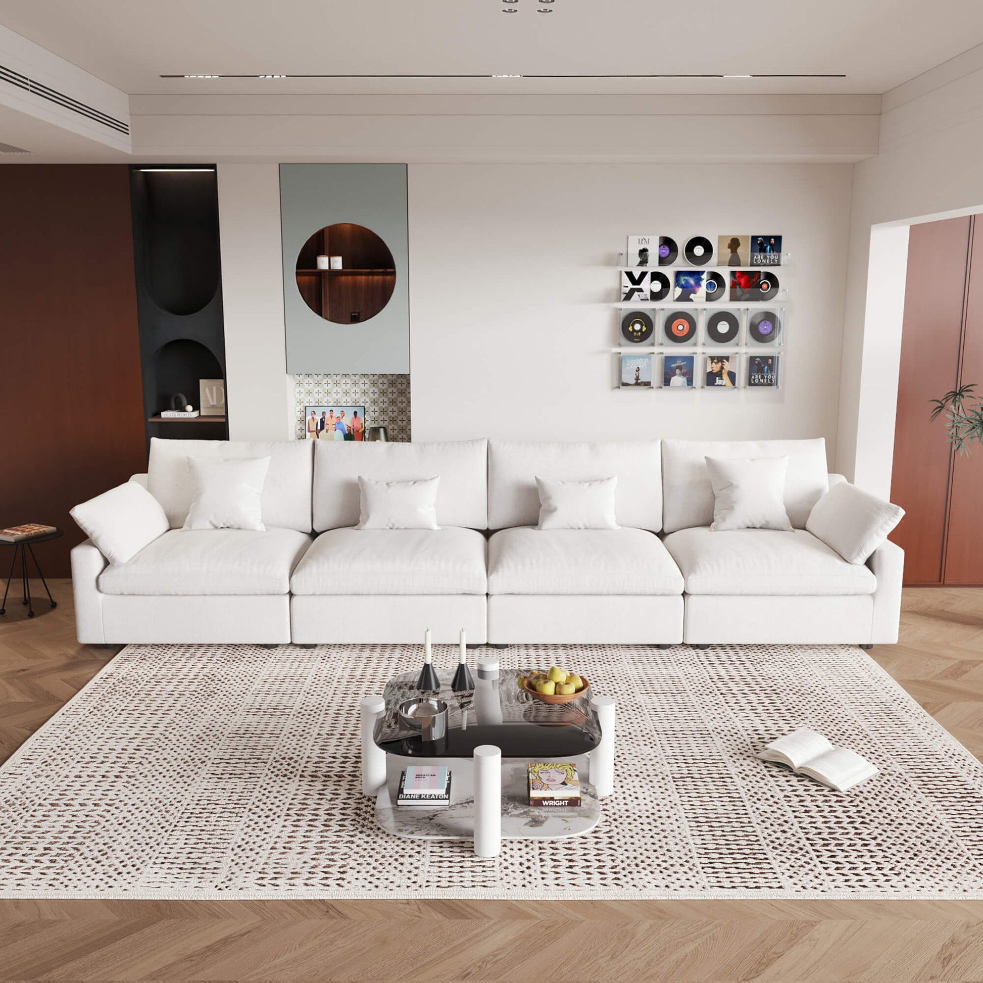A white washable cloud sectional 4-seat sofa with removable cushions and pillow covers, arranged in a living room setting.