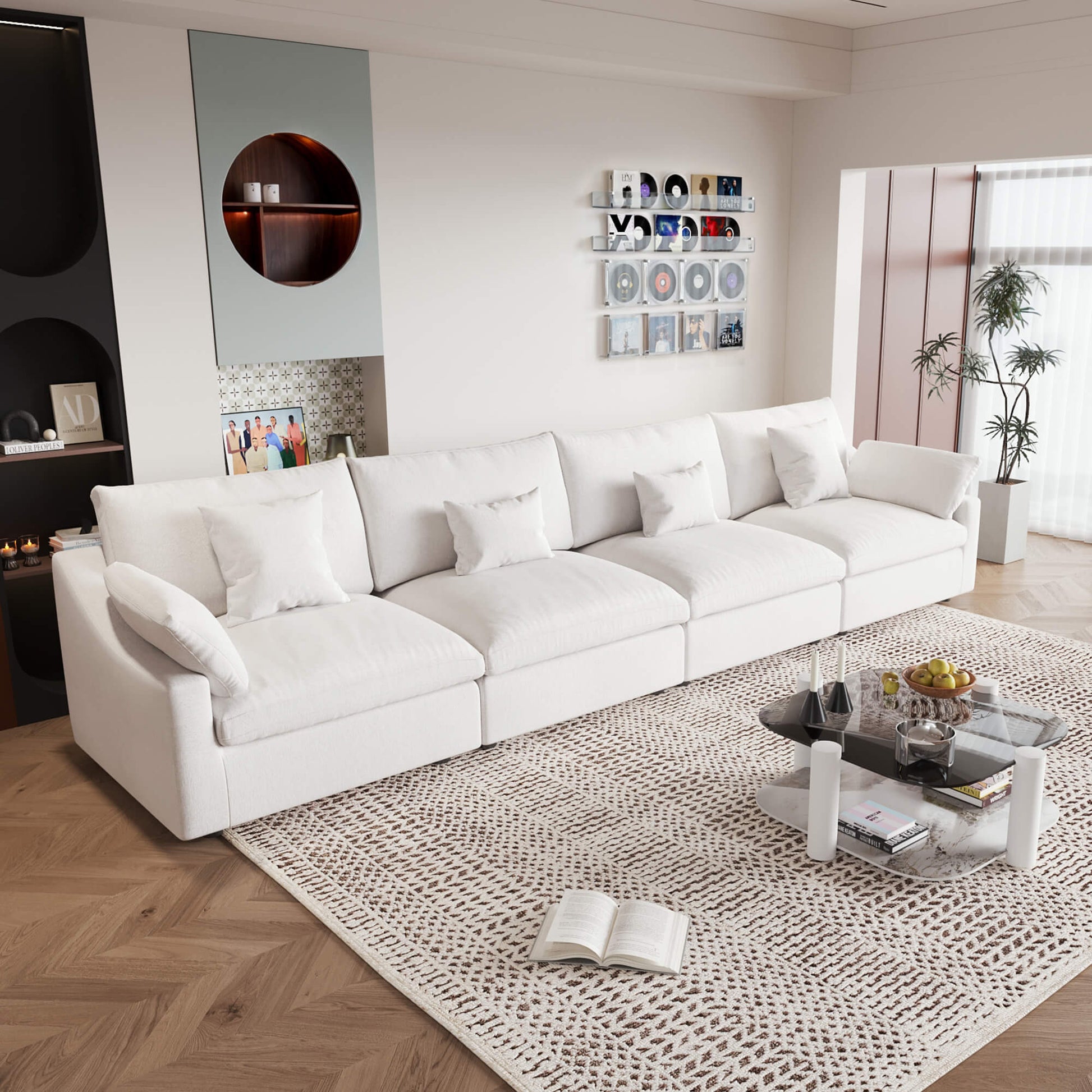 A white washable cloud sectional 4-seat sofa with removable cushions and pillow covers, arranged in a living room setting.