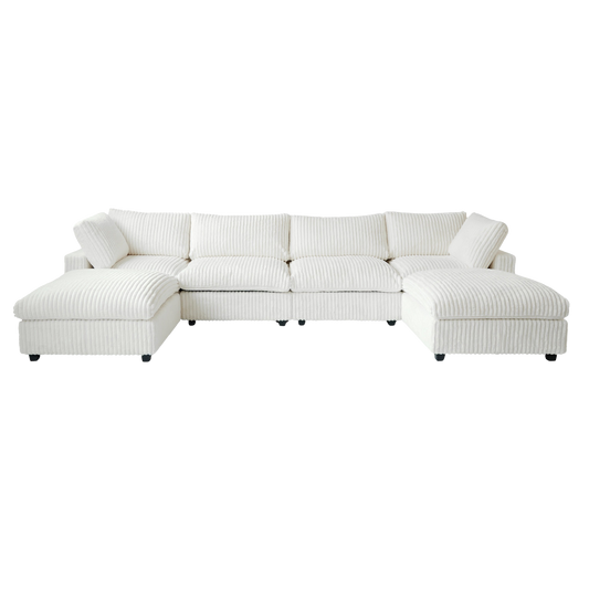 Beige sectional U-shaped sofa on a white background