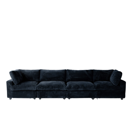 Black faux rabbit fur 4-seat sofa on a white background