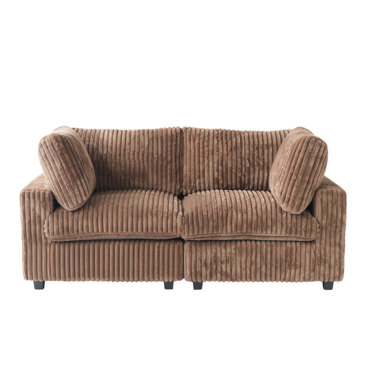 Brown faux rabbit fur sofa with two cushions on a white background