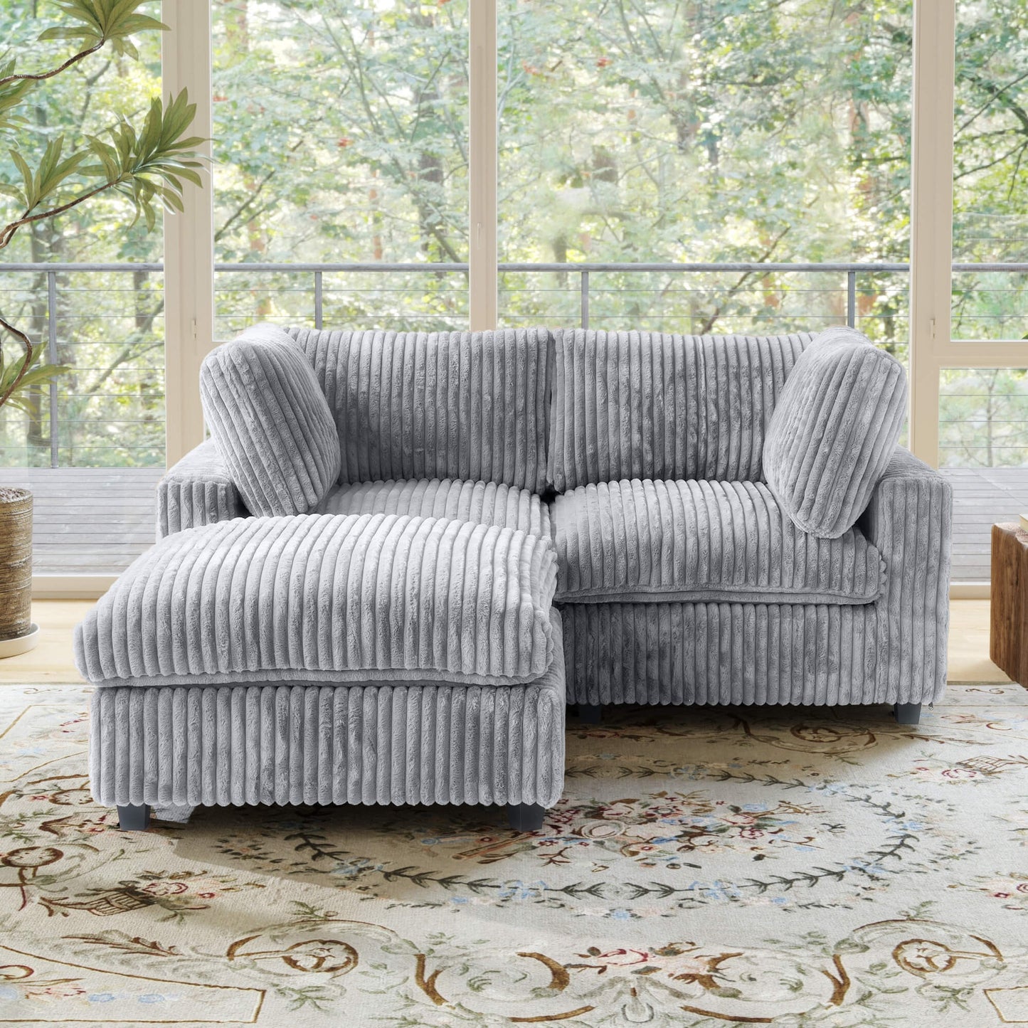 Loveseat with Ottoman Faux Rabbit Fur Sectional Sofa with Removable Covers | Velveteen