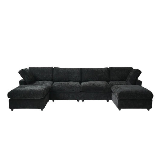 Black U-shaped 6-seater sectional sofa on a white background