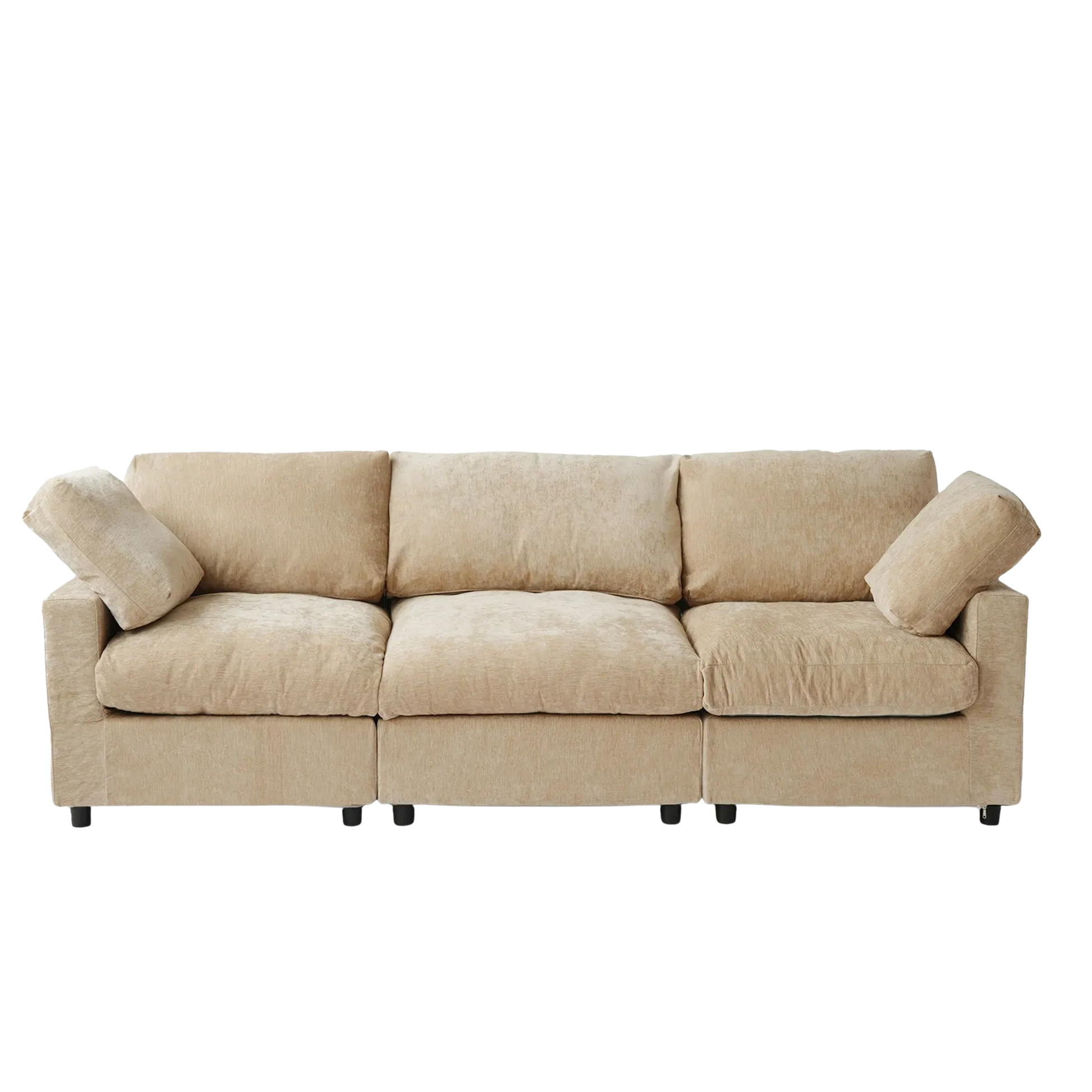 Beige sofa with three cushions on a white background