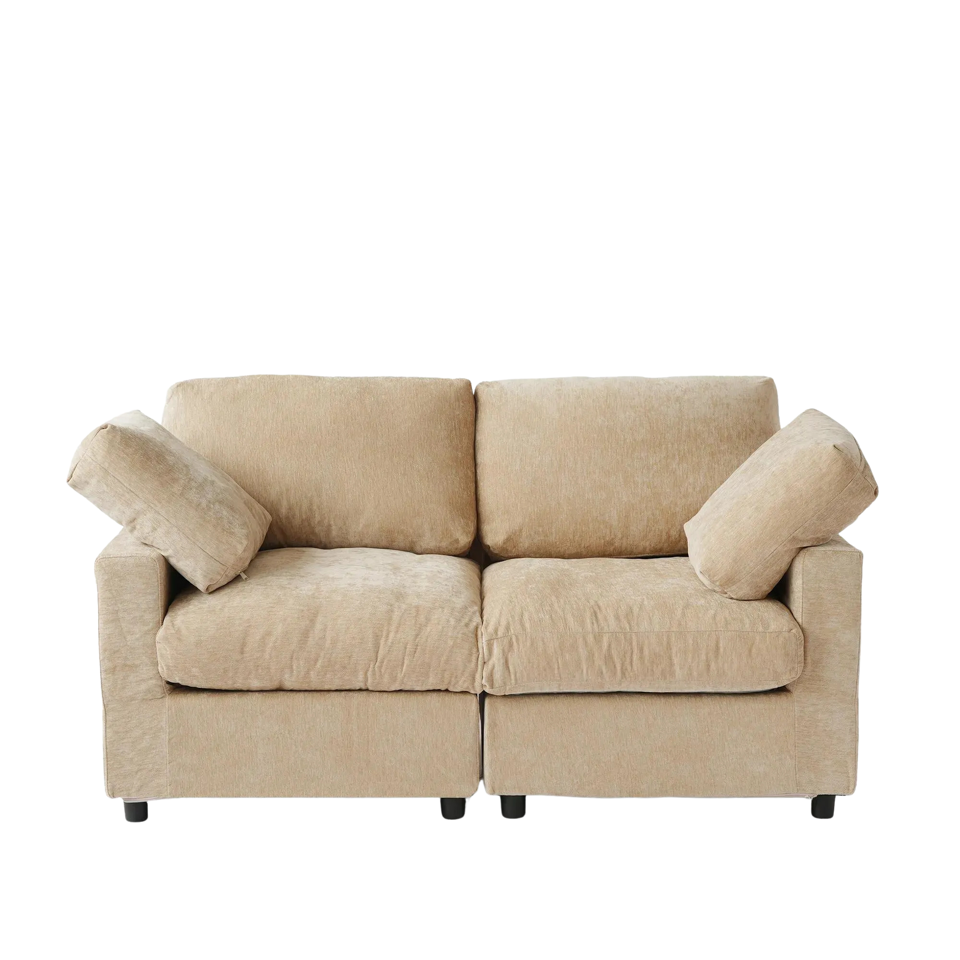Beige sofa with two cushions on a white background
