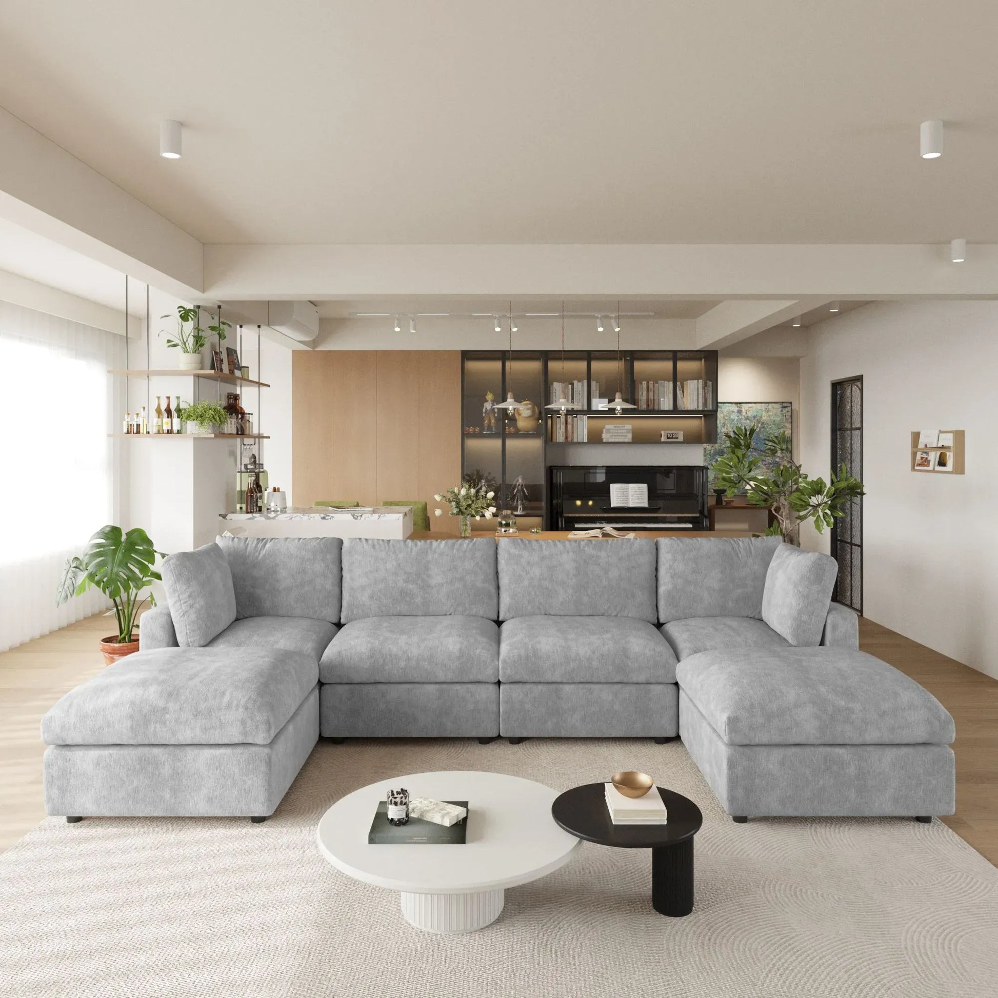 Modern living room with a gray U-shaped 6-seater sectional sofa and coffee tables.