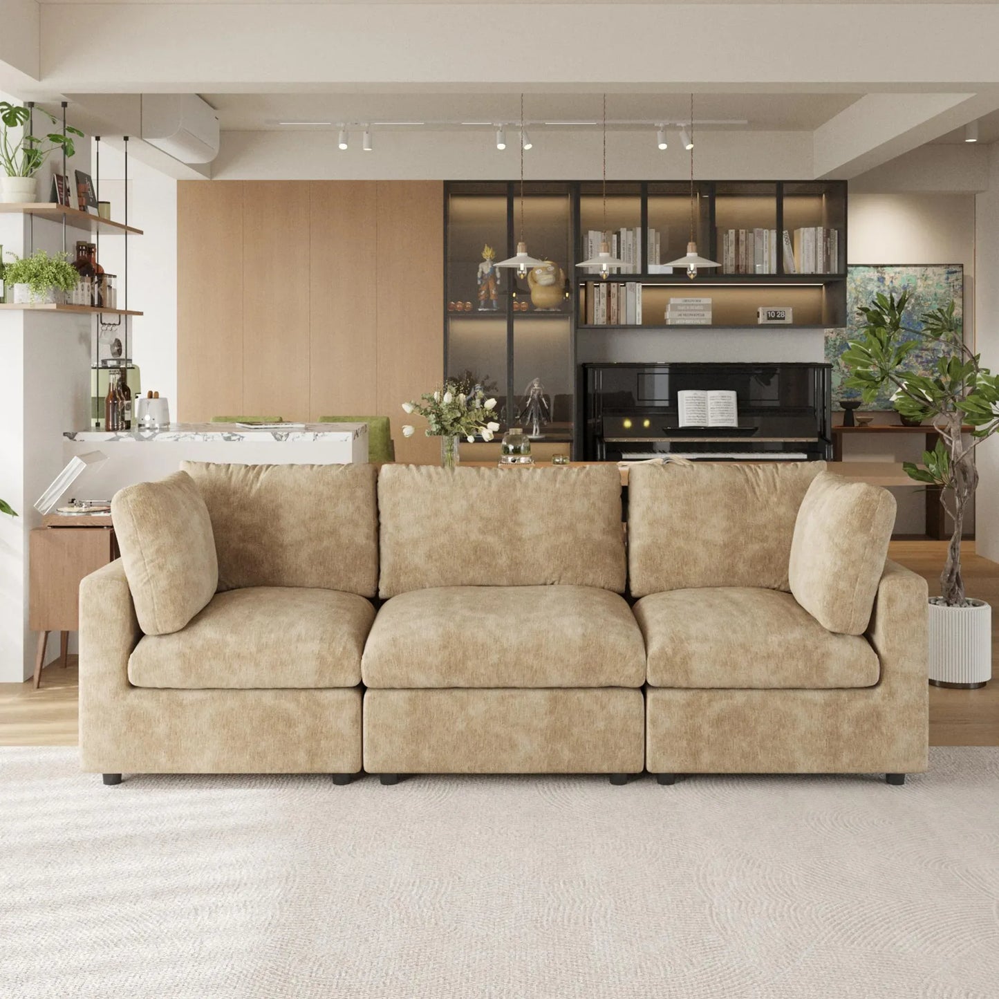 Khaki 3-seater sofa in a modern living room with decor elements.