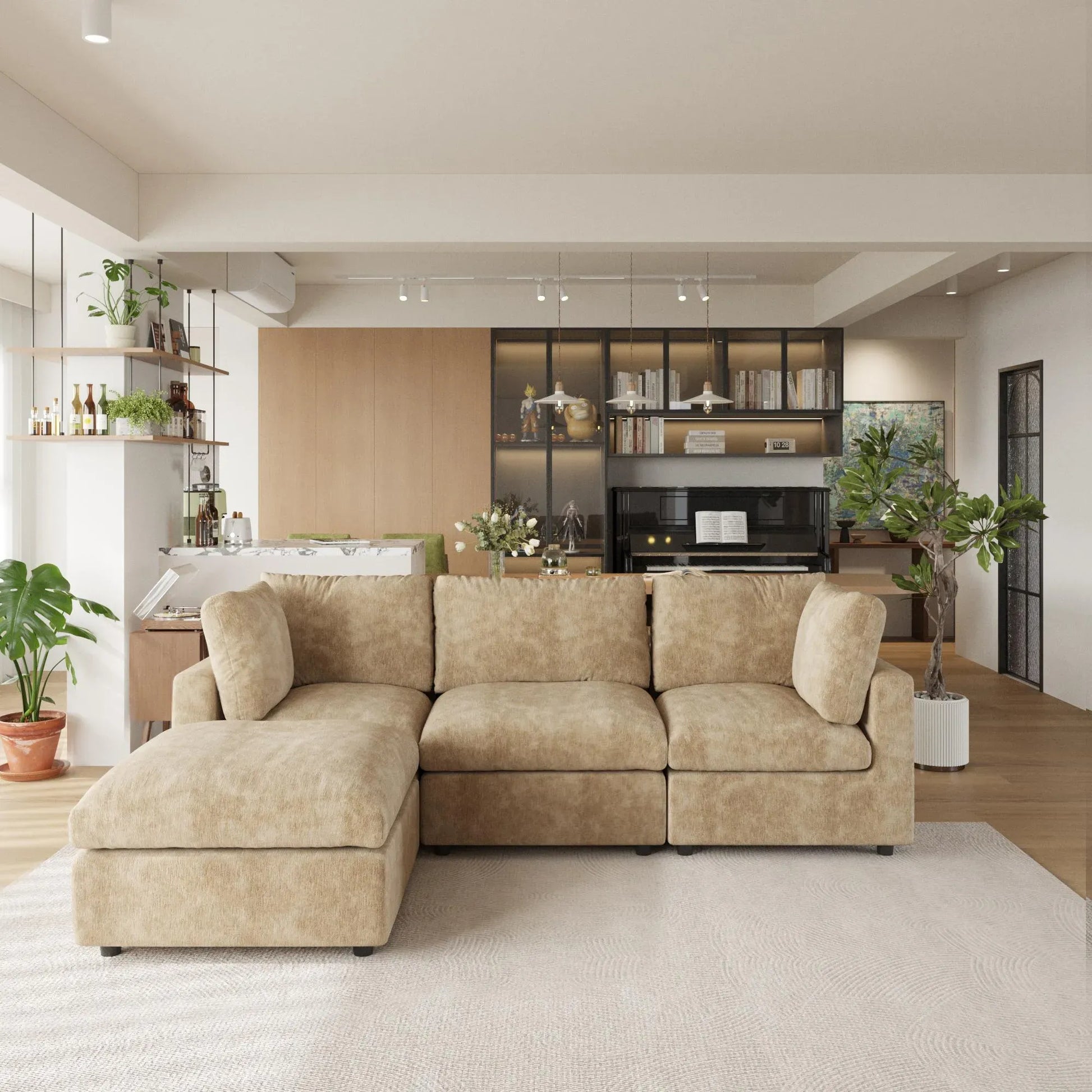 Khaki L-shaped 4-seater sectional sofa in a modern living room with plants and shelves.