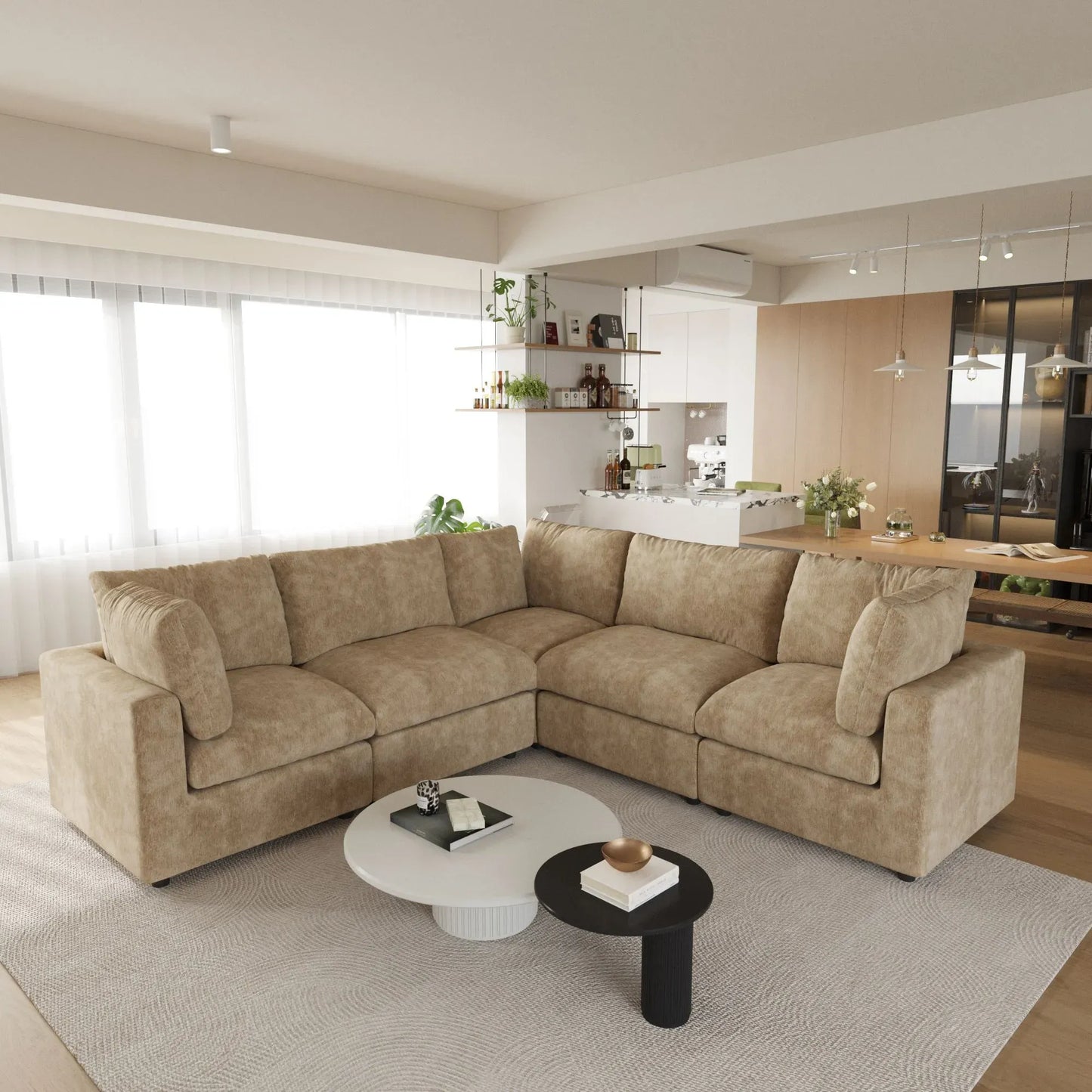 Khaki 5-seater corner sectional sofa in a modern living room with a coffee table and decorative items.