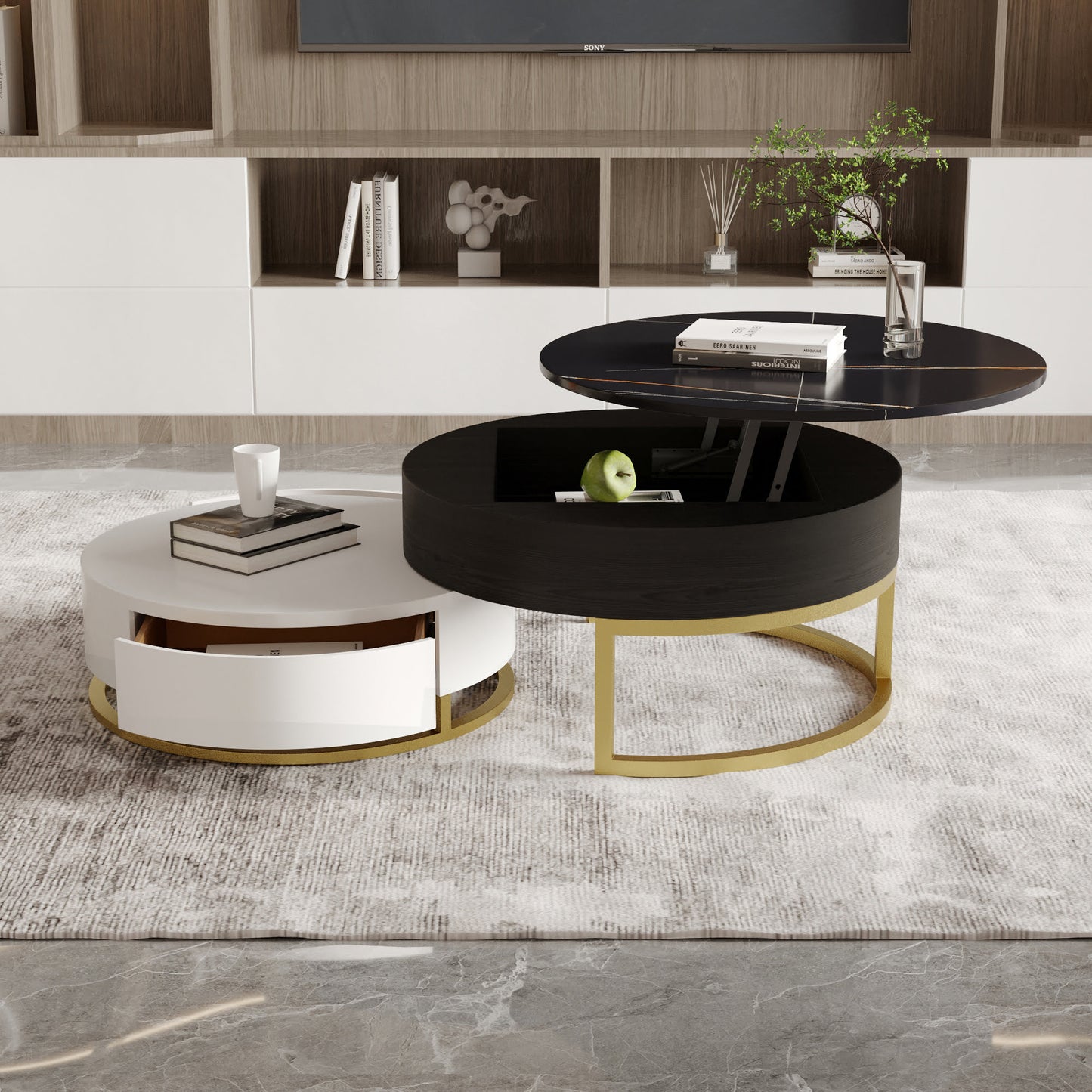 Lift-Top Round Coffee Table with Drawers