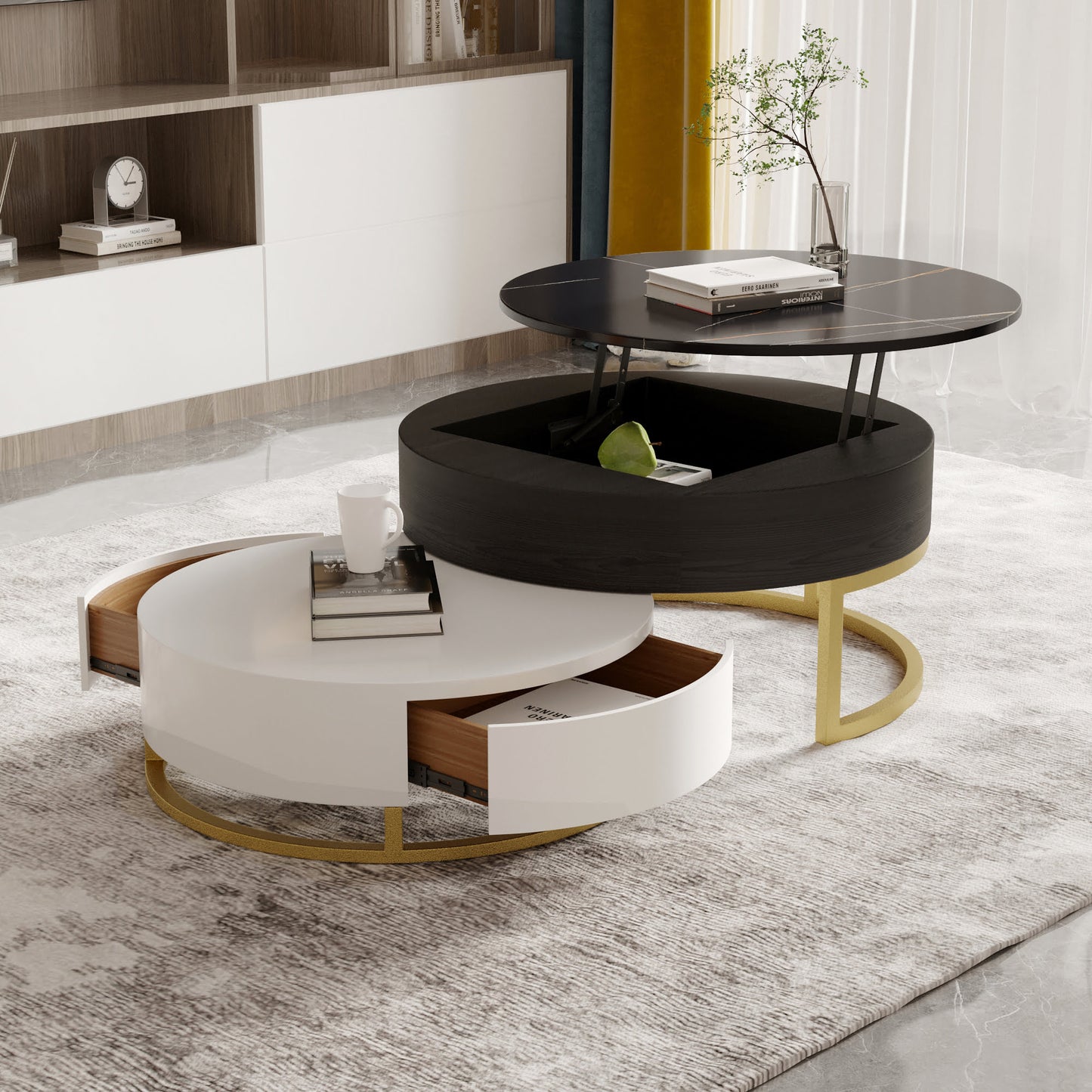 Lift-Top Round Coffee Table with Drawers