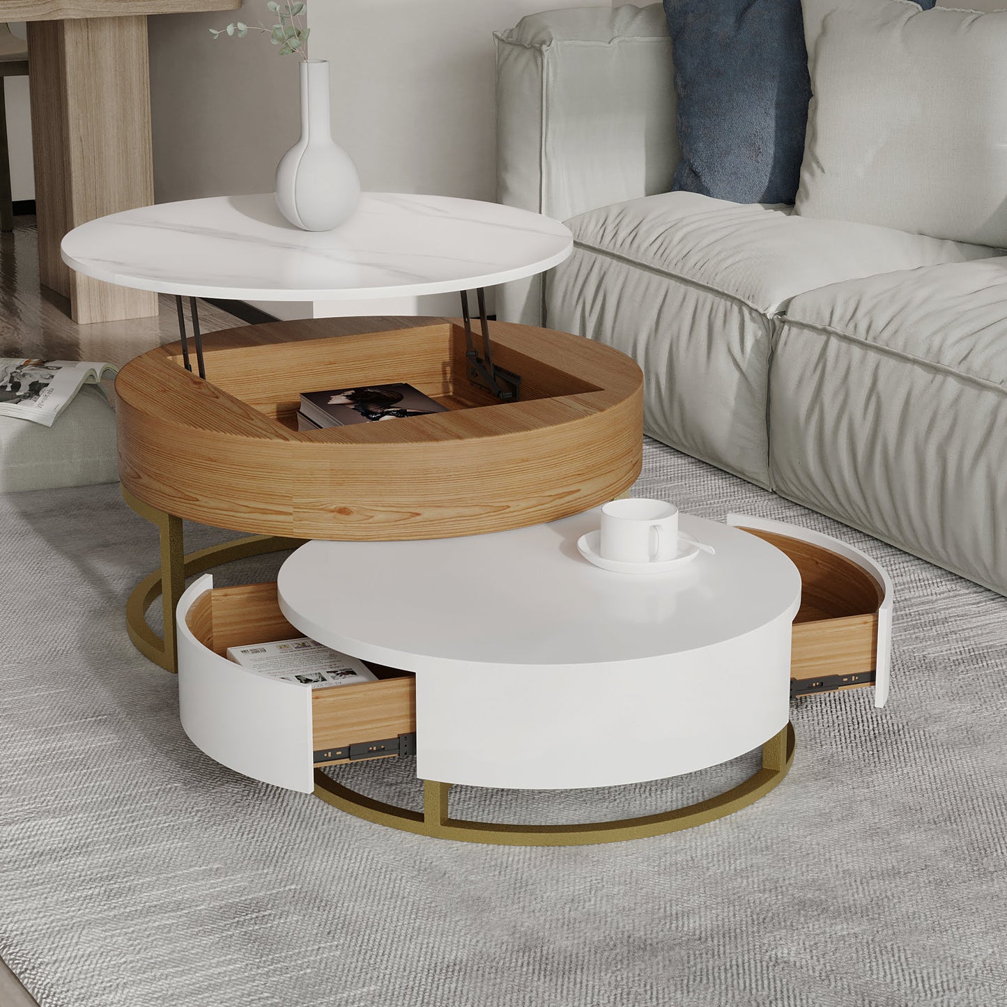Lift-Top Round Coffee Table with Drawers