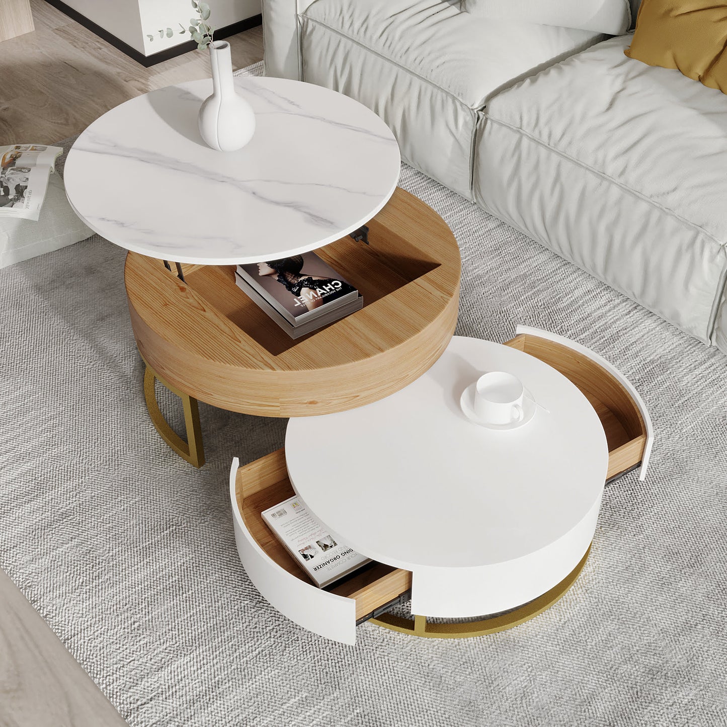 Lift-Top Round Coffee Table with Drawers