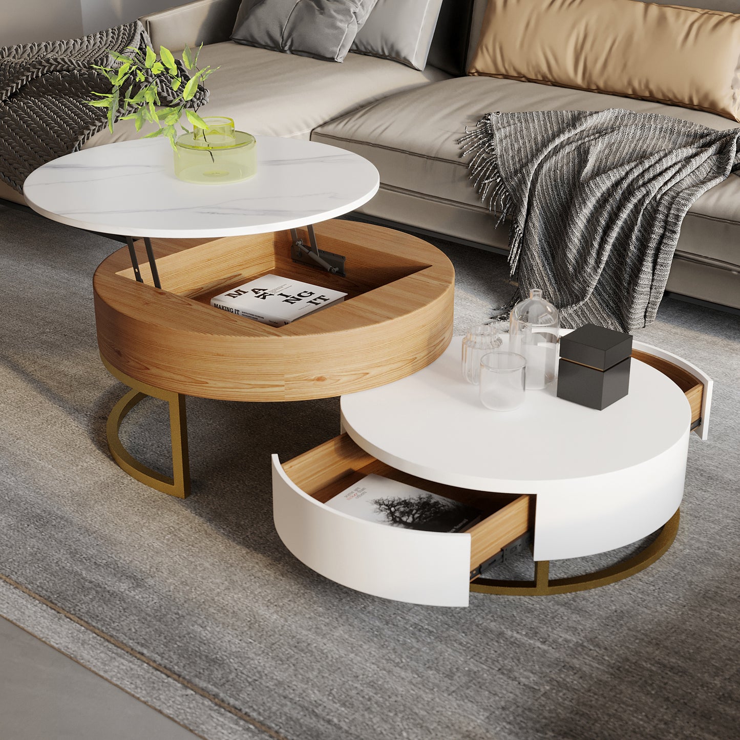 Lift-Top Round Coffee Table with Drawers