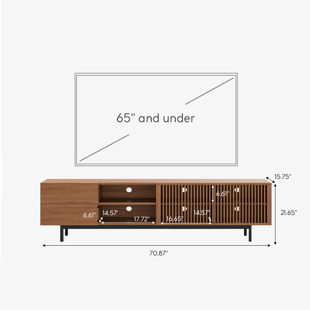 Mid-Century Modern Wood TV Stand with Louvered Slatted Doors, Open Storage, Tall-Cast Metal Legs