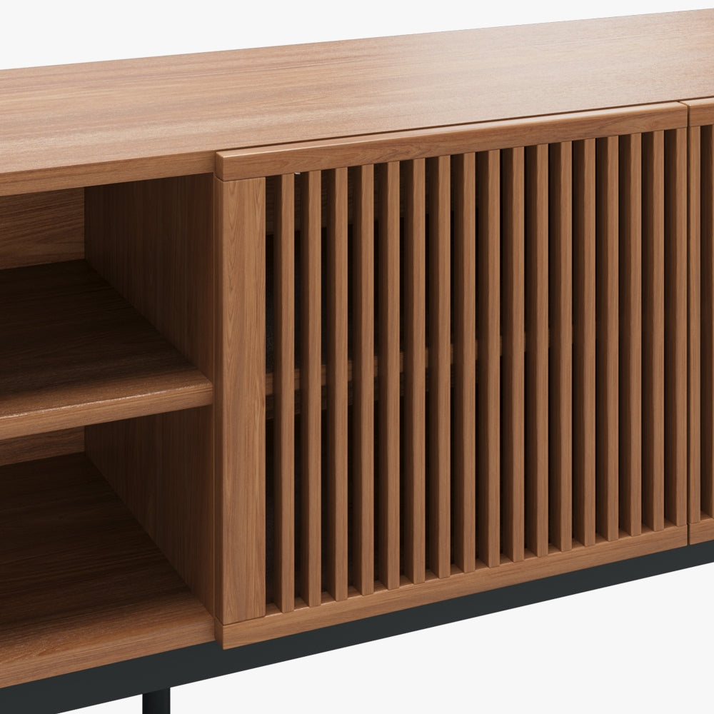 Mid-Century Modern Wood TV Stand with Louvered Slatted Doors, Open Storage, Tall-Cast Metal Legs