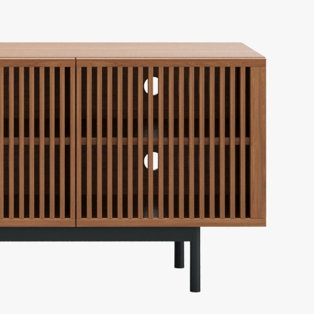 Mid-Century Modern Wood TV Stand with Louvered Slatted Doors, Open Storage, Tall-Cast Metal Legs