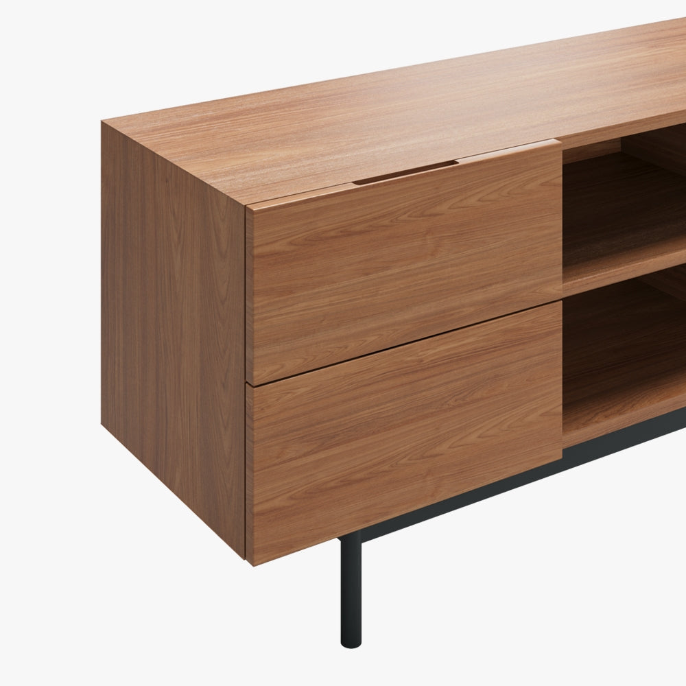 Mid-Century Modern Wood TV Stand with Louvered Slatted Doors, Open Storage, Tall-Cast Metal Legs