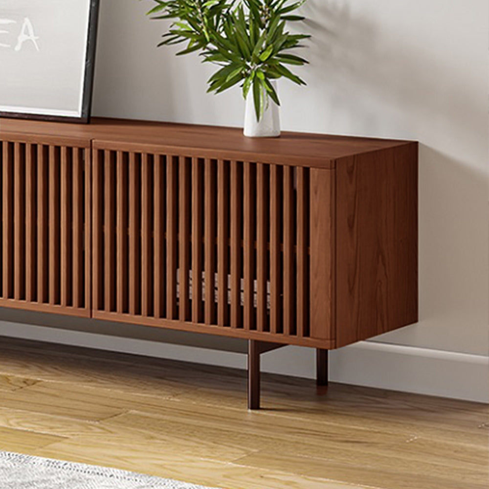 Mid-Century Modern Wood TV Stand with Louvered Slatted Doors, Open Storage, Tall-Cast Metal Legs