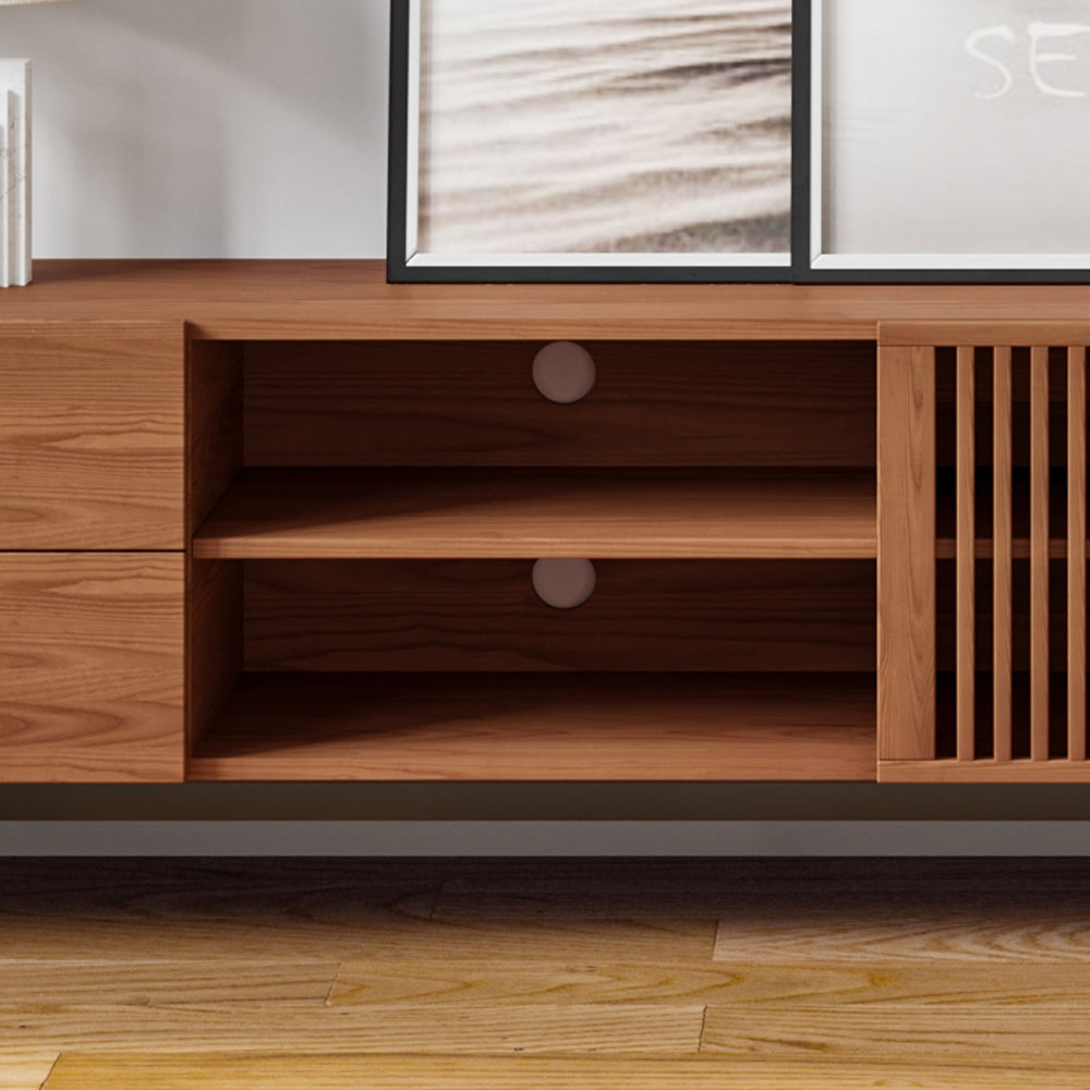 Mid-Century Modern Wood TV Stand with Louvered Slatted Doors, Open Storage, Tall-Cast Metal Legs