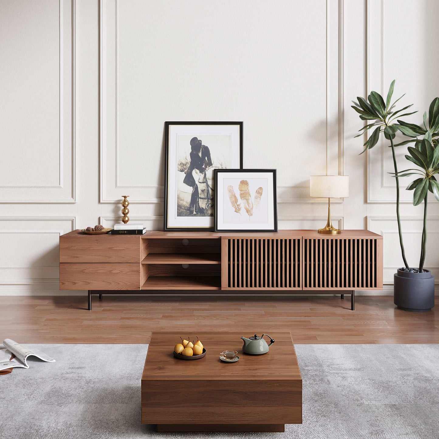 Mid-Century Modern Wood TV Stand with Louvered Slatted Doors, Open Storage, Tall-Cast Metal Legs